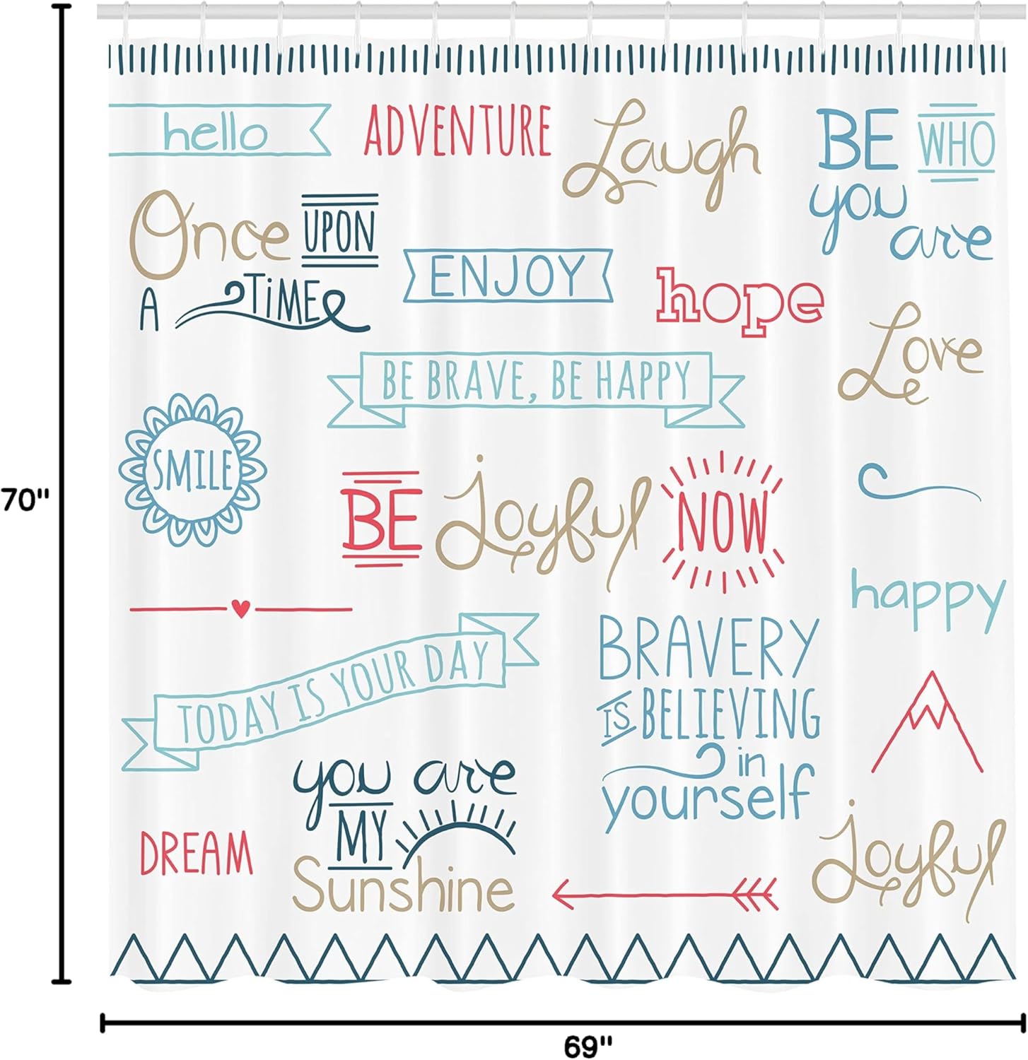 Ambesonne Adventure Shower Curtain, Various Words on Happiness and Self Value Uplifting Phrases Being Who You are, Cloth Fabric Bathroom Decor Set with Hooks, 69" W x 70" L, Pale Blue