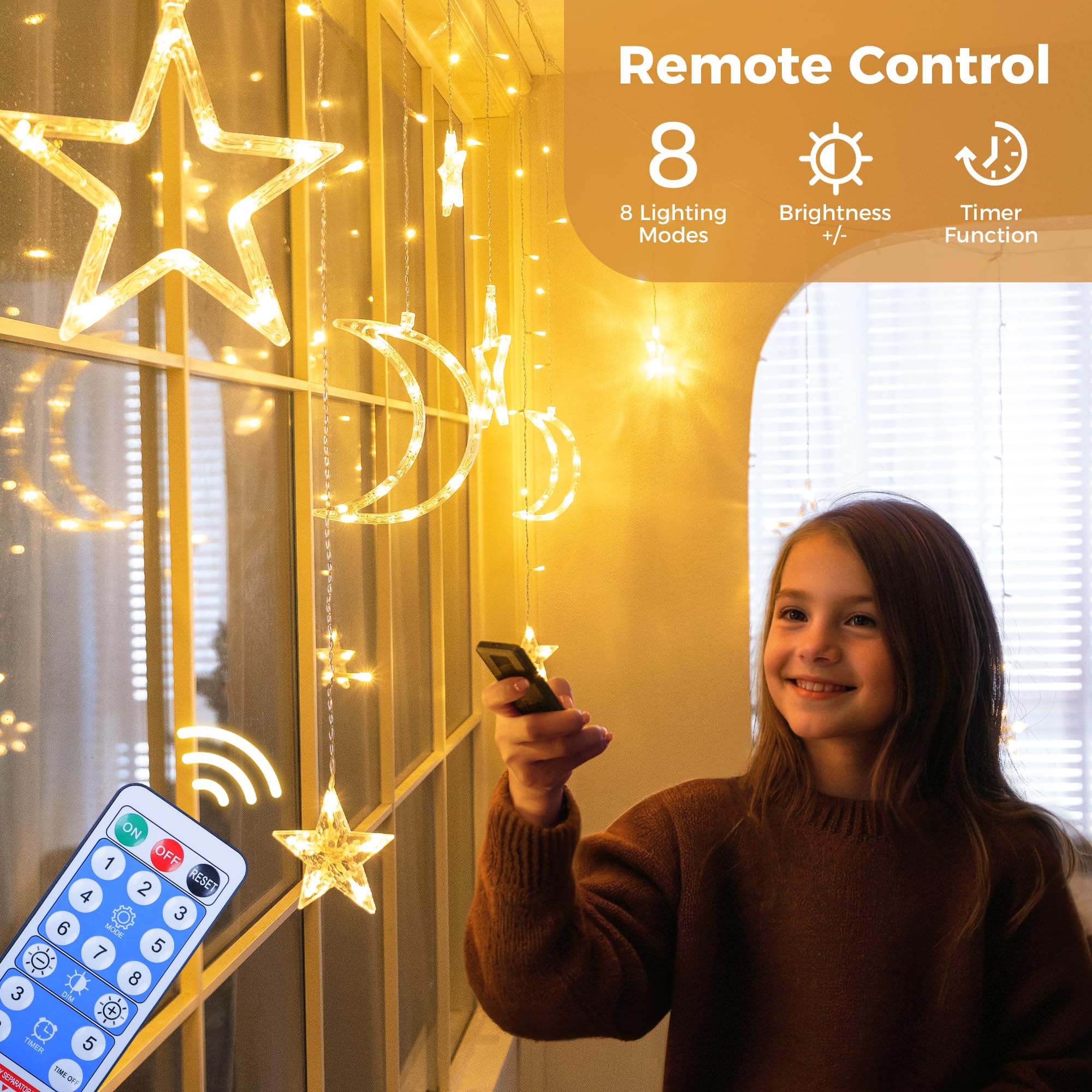 Qunlight Ramadan Solar Icicle Lights,10.8ft 138 LED Outdoor Waterproof Moons Stars Curtain Window String with 8 Modes Timer Remote,USB Rechargeable Connectable Warm White Hanging Decor for Patio