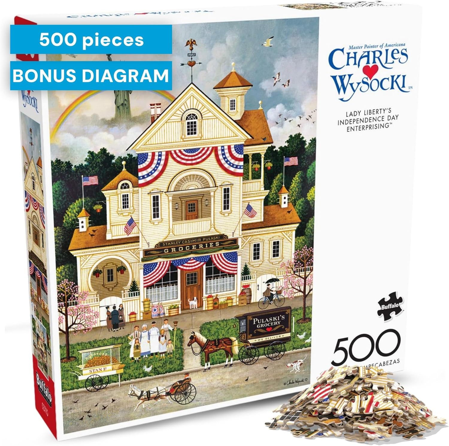 Buffalo Games - Jigsaw Puzzle 500 Pieces for Adults - Charles Wysocki Lady Liberty’s Independence Day Enterprising - Premium Giftable Foil Box with Reference Poster - Made in USA