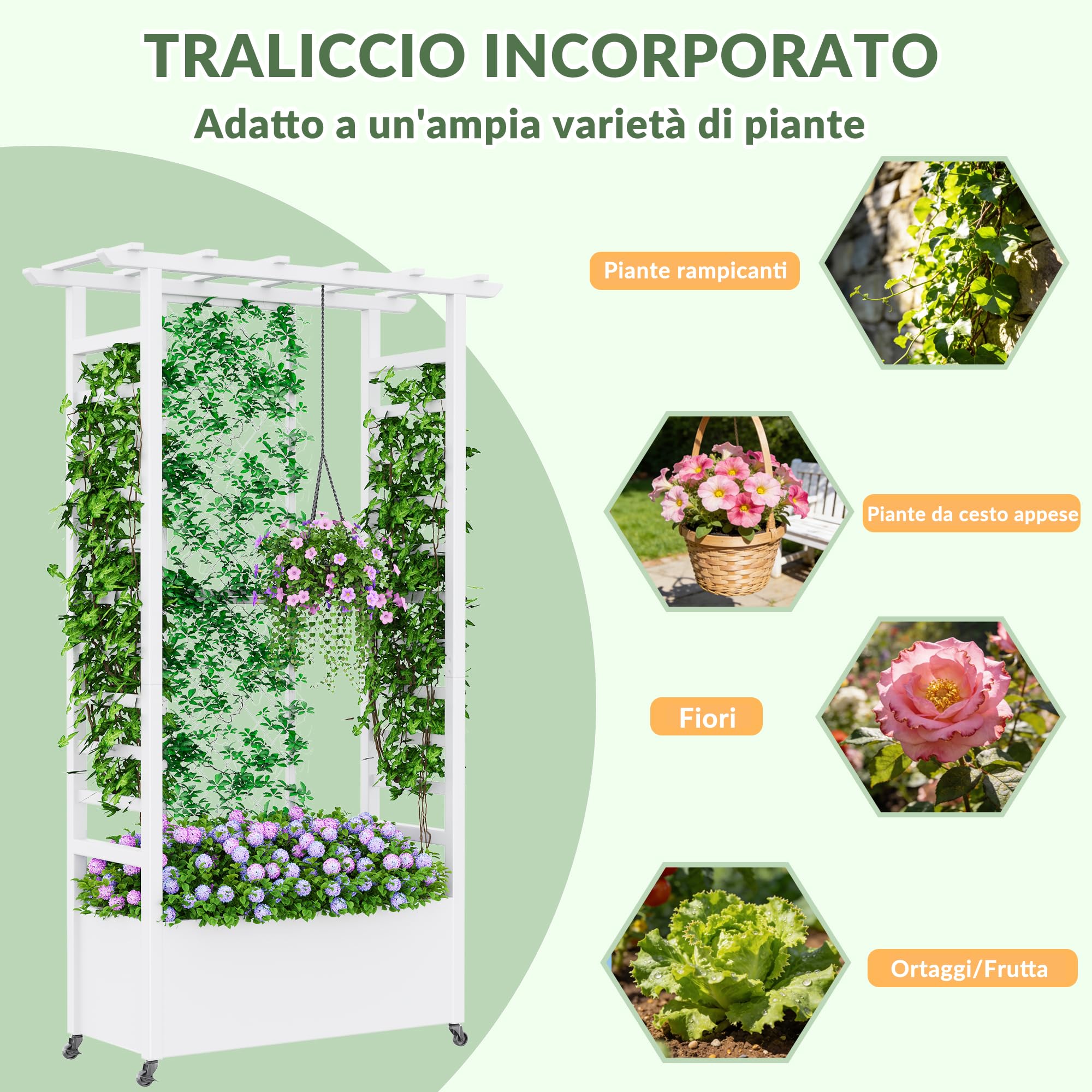 Aiuola rialzata con traliccio e tetto sospeso,fioriera in metallo resistente alle intemperie con ruote e 2 tralicci laterali per piante rampicanti,divisorio mobile per la privacy all'aperto per patio