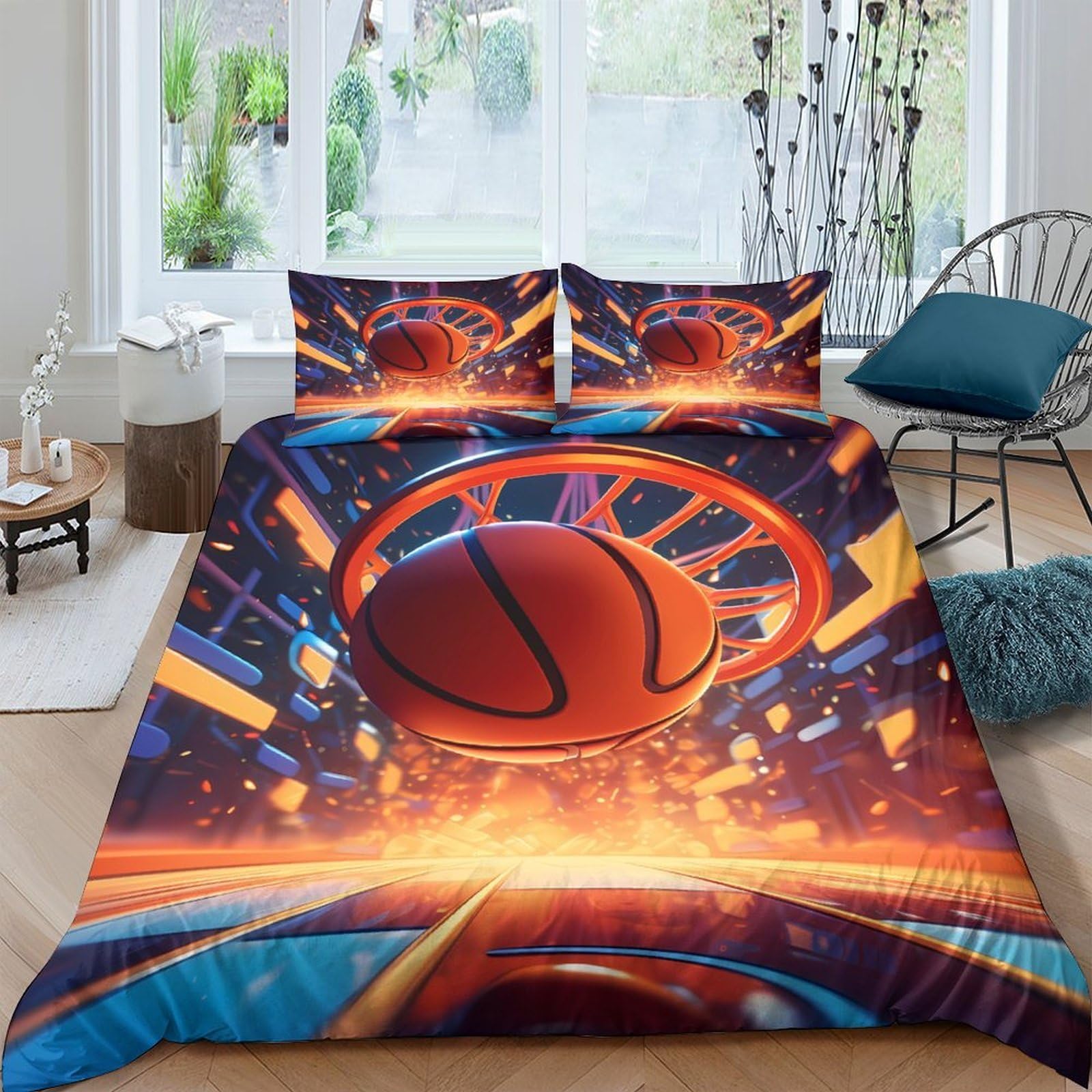 GPLZQXKJNH 3D Printed Basketball Hoop Duvet Cover Microfiber Soft Breathable Fire Slam Bedding Set with 2 Pillowcases for Bedroom Decor Single（135x200cm）