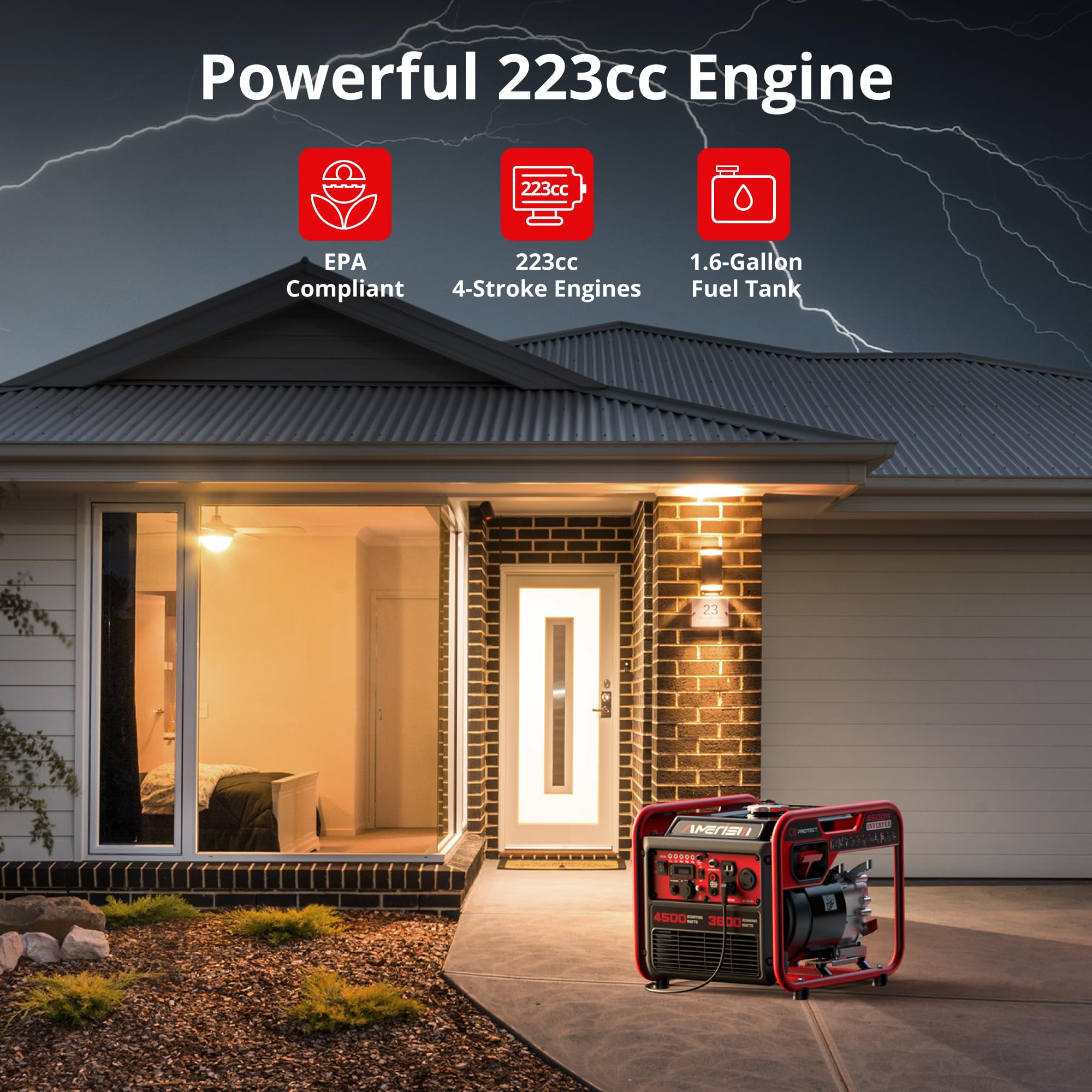 AMERISUN Generatore Inverter da 4500 W, motore a gas portatile, 223 cc, motore a 4 tempi, silenzioso, modalità Eco, sensore CO, funzionamento parallelo, uscita RV 120 V, 30 A, casa e casa