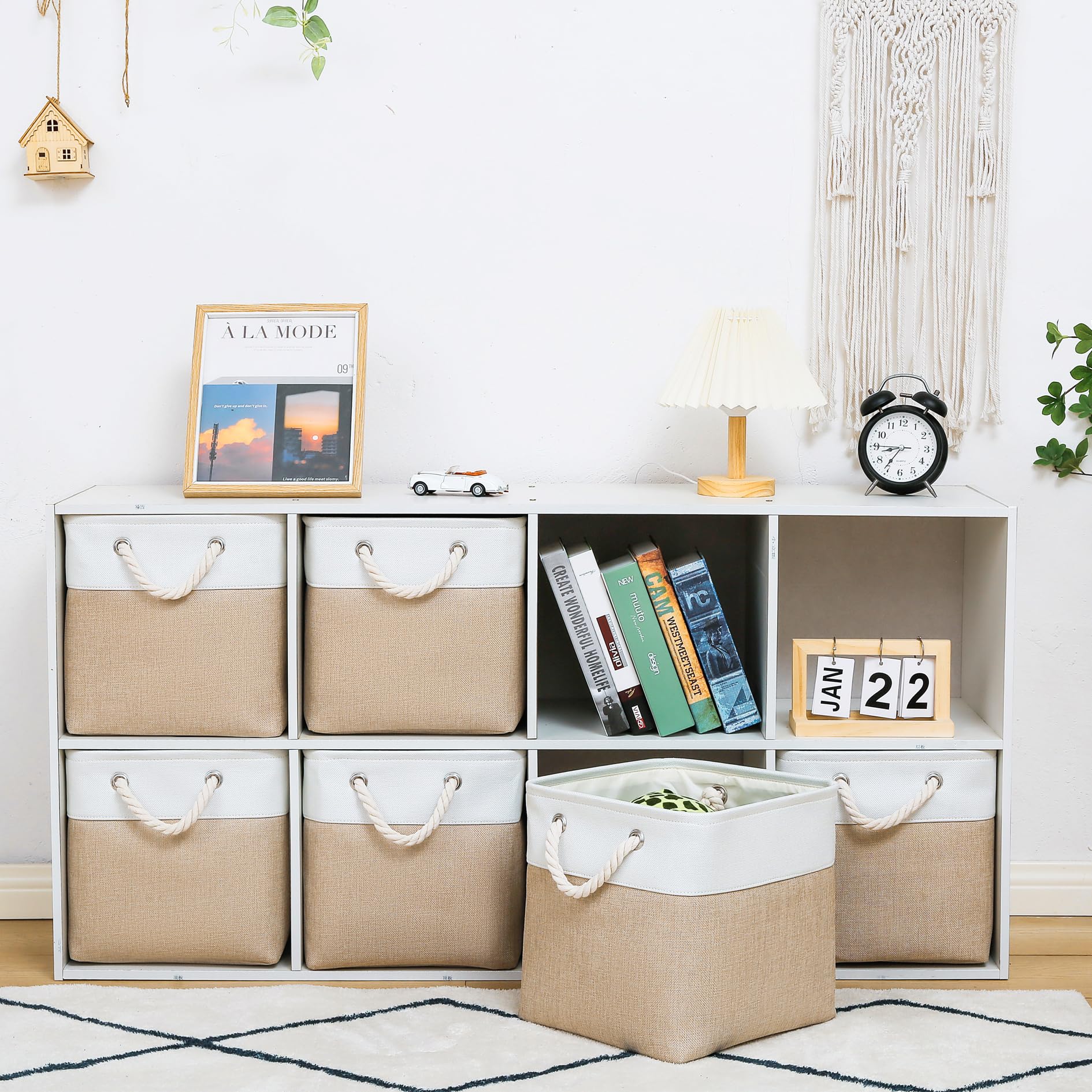 Confezione da 6 cubi portaoggetti pieghevoli da 28 x 28 cm, in tessuto con corde, cubi portaoggetti pieghevoli per casa, ufficio, armadio, vestiti, giocattoli (bianco e beige)