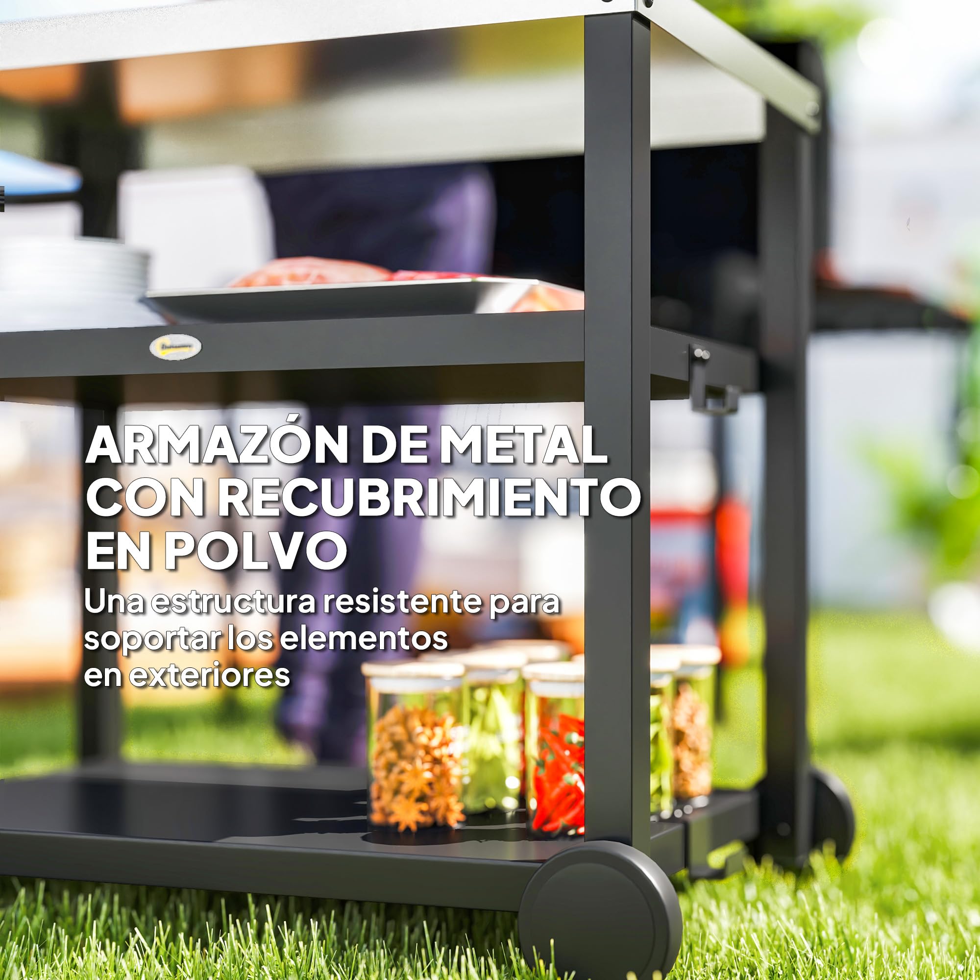 Outsunny Carrito de Parrilla de 3 Niveles Carrito de Barbacoa Carro de Servicio con 2 Ruedas Estantes Encimera de Acero Inoxidable y Asa Mesa de Horno de Pizza para Jardín Patio Gris Carbón