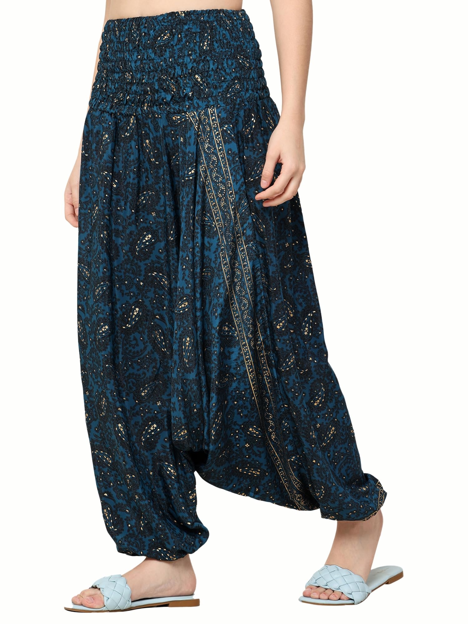 KE KANHA EXPORTS Women Harem Pants for Woman Boho Beach Multicolour Border Print Multiwear Jumpsuit Soft Silky Yoga Pants Loose Fit Dhoti Patiala Style Bottom Wear Waist 27-34" Fits S/M/L