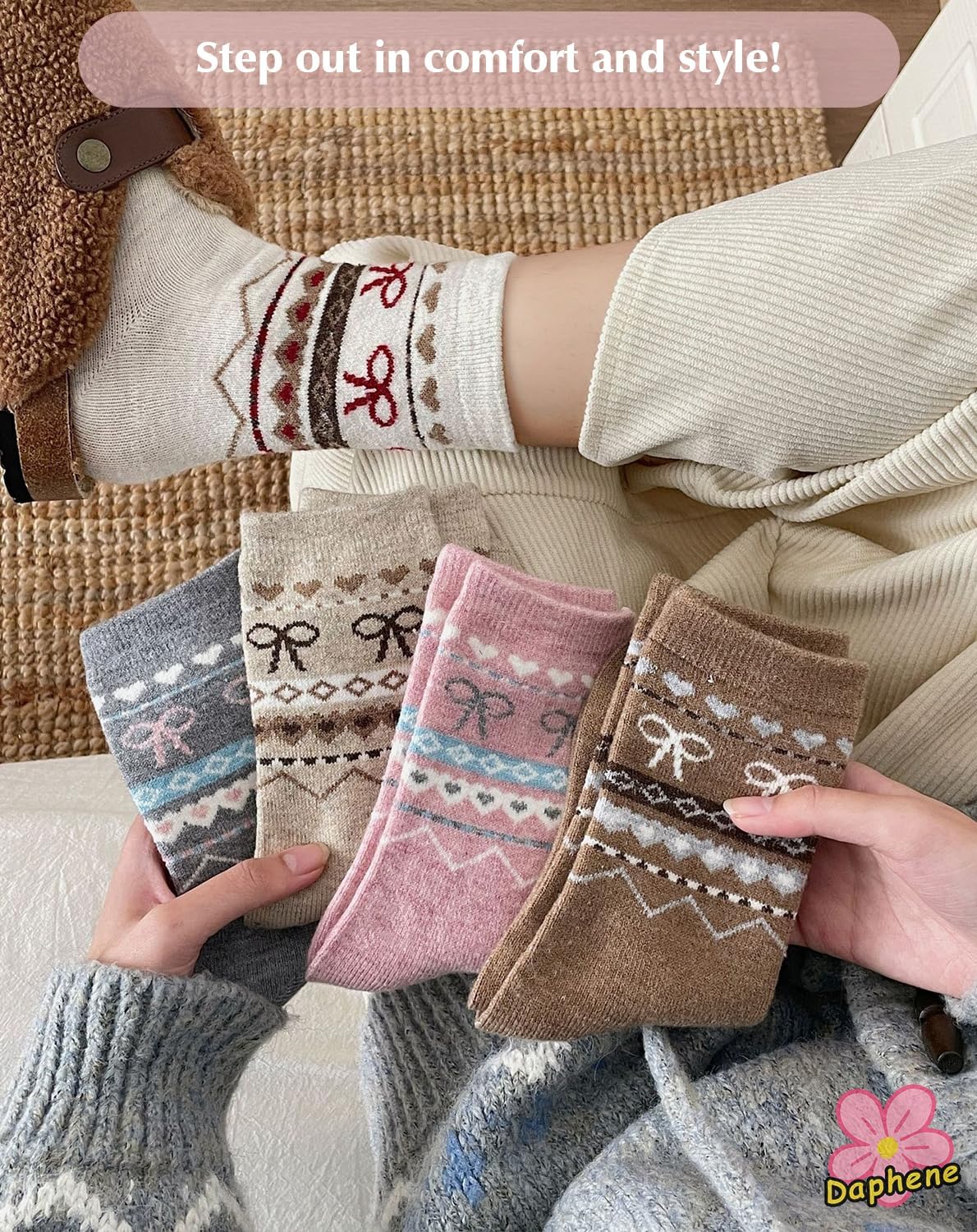 Daphene Womens Trendy Cute Wool Socks | Winter Thick Warm Holiday Gifts | Cartoon Design Comfortable Non-Slip | Multi-Color - Image 5