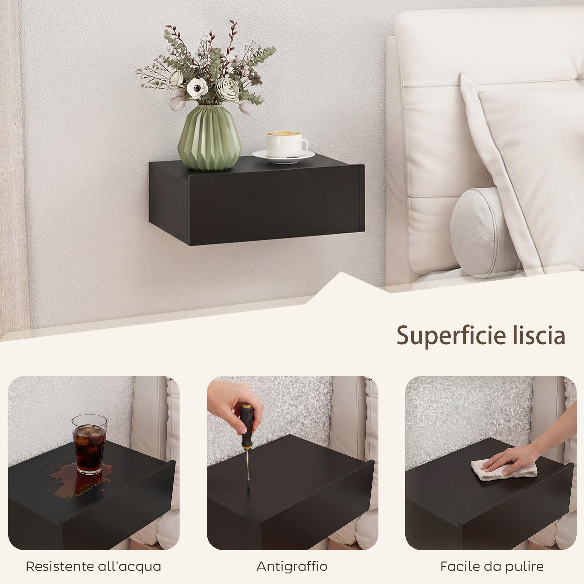 HOMCOM Set di 2 Comodini Camera da Letto Sospesi con Cassetto, Coppia di Comodini Moderno in Legno, Tavolini per Divano, Soggiorno, Salotto e Camera, 40x30x15 cm, Nero