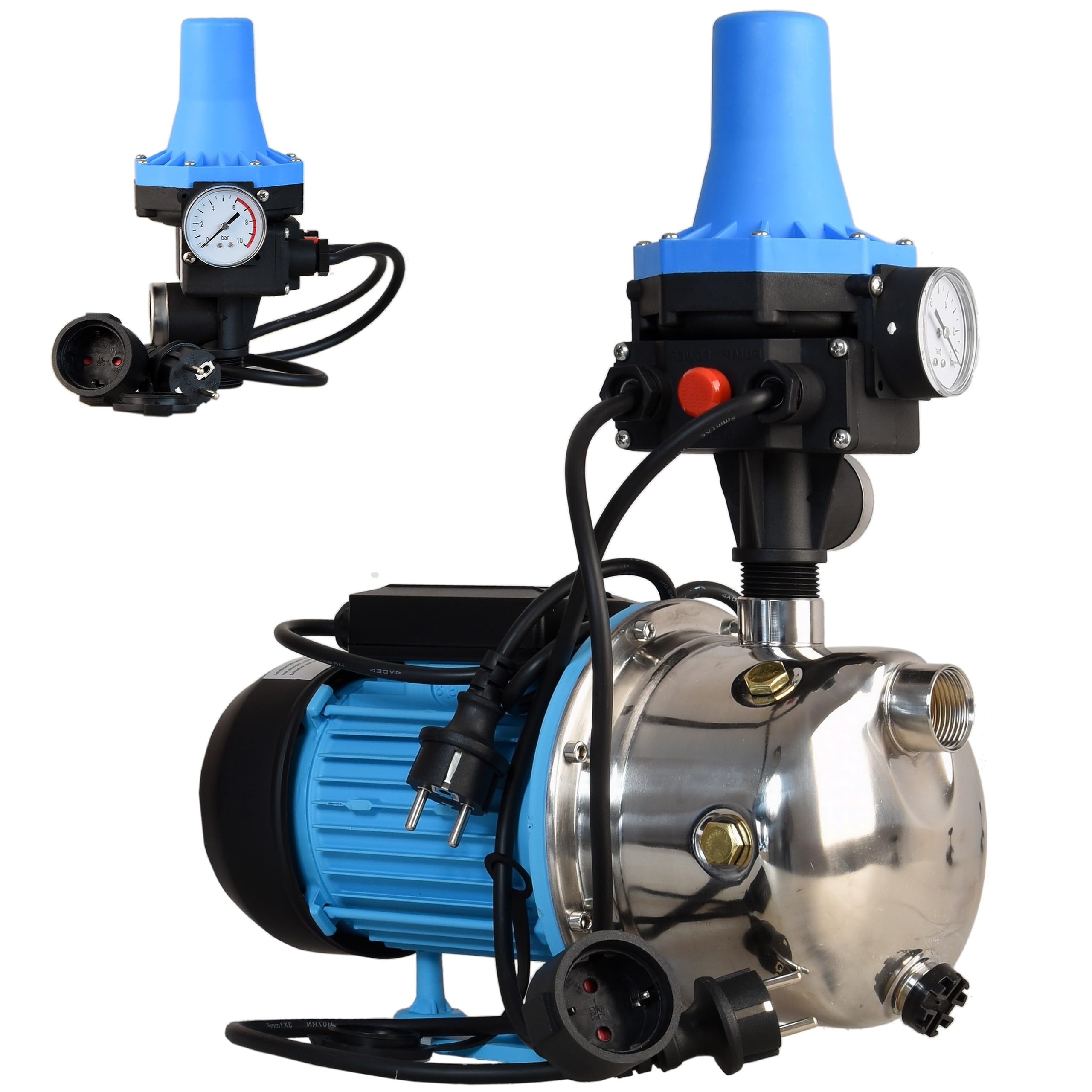 Pompe de Jardin Professionnelle JX 1100 avec Pressostat CSK 31 - Pompe à Eau (1100 W, 3600 l/h, hauteur de Refoulement 50 m) - Pompe arrosage INOX - Commande de Pompe - Protection Fonctionnement à Sec