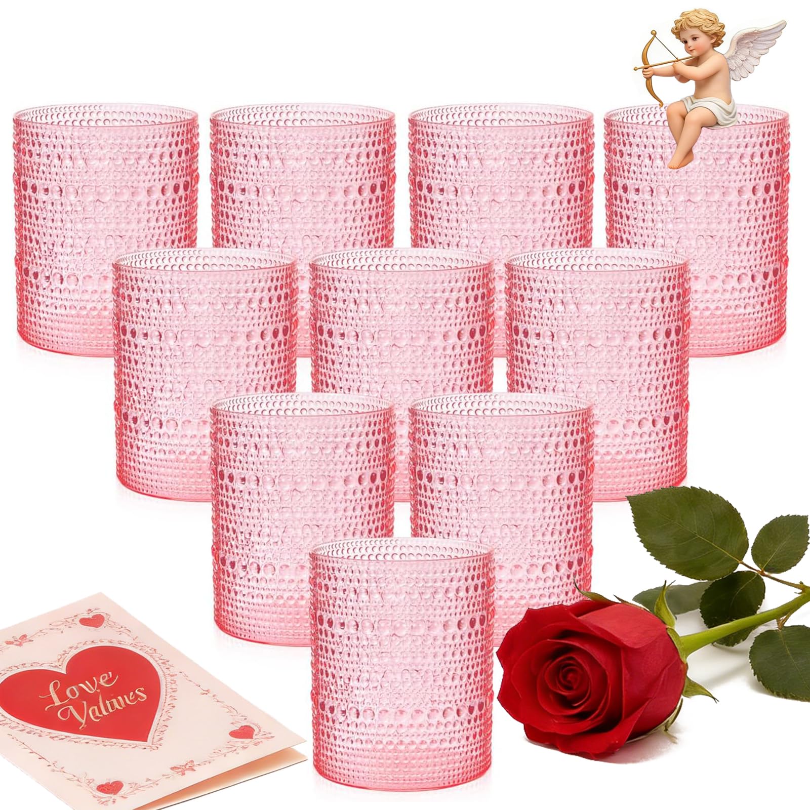 YOUBET 24PCS Plastic Drinking Glasses - 14OZ Pink Hobnail Drinkware Glasses - Vintage Glassware Textured Beaded Cups for