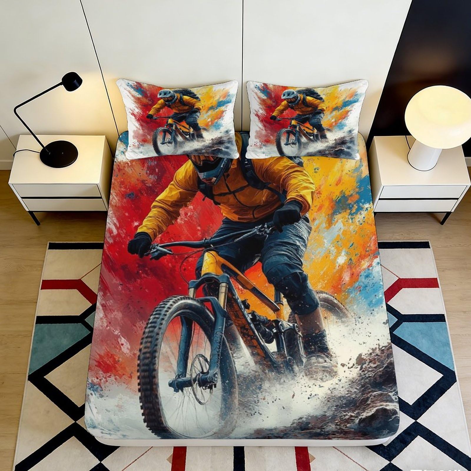 3D Printed Mountain Biker Fitted Sheet Microfiber Soft Durable Extreme Sports Mattress Cover for Bedroom Dormitory Guest Room Protective Bed Cover 140x200x25cm