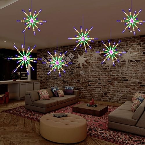 Miniatura 5 de Paquete de 2 224 luces LED colgantes en forma de explosión de estrellas, guirnalda de luces LED de meteoritos con control remoto, 8 modos de