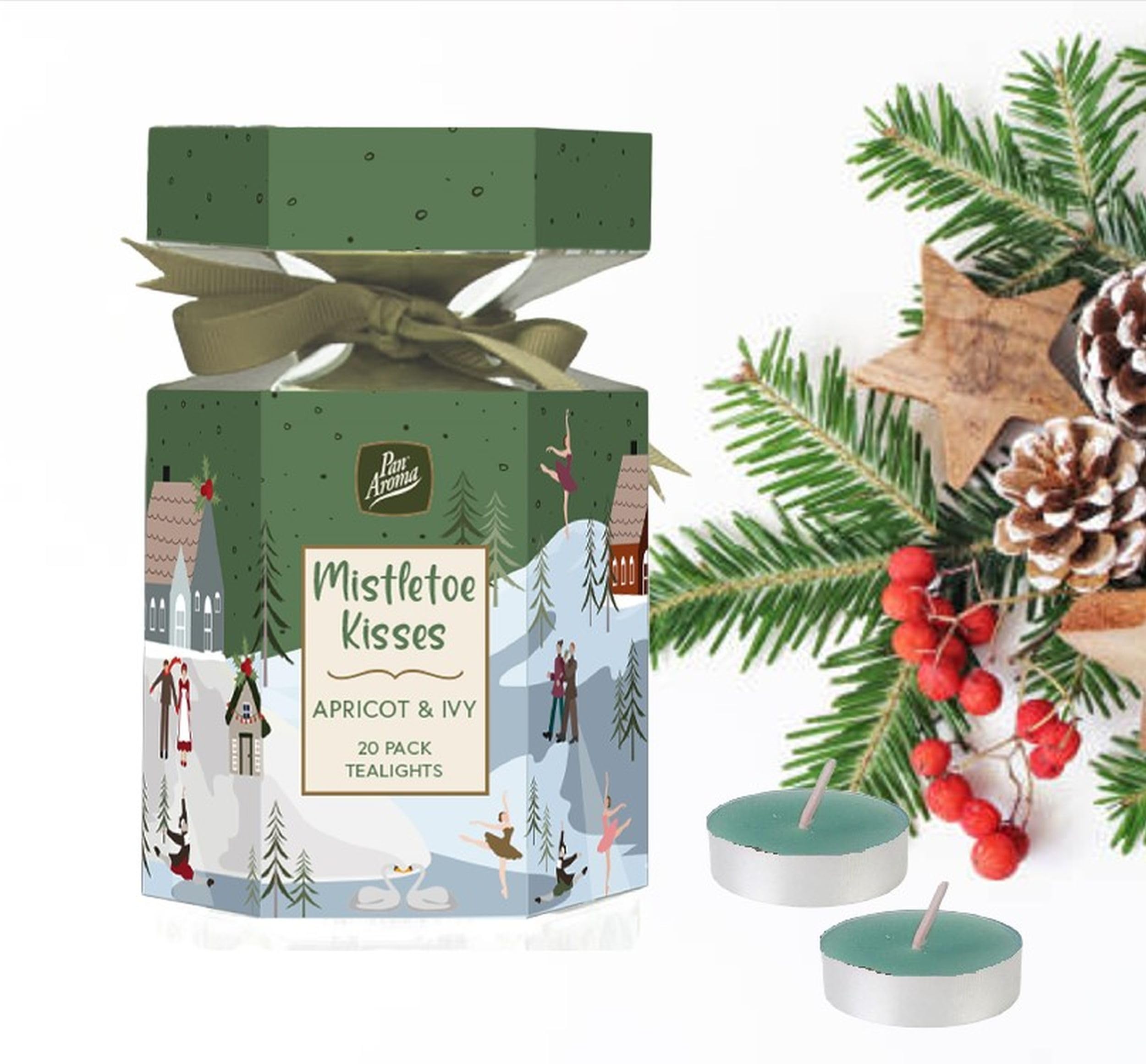 Pan Aroma Green 20 Christmas Scented Tea Light Candles Cracker Mistletoe Kisses Apricot & Ivy Scented Tea Light Candles