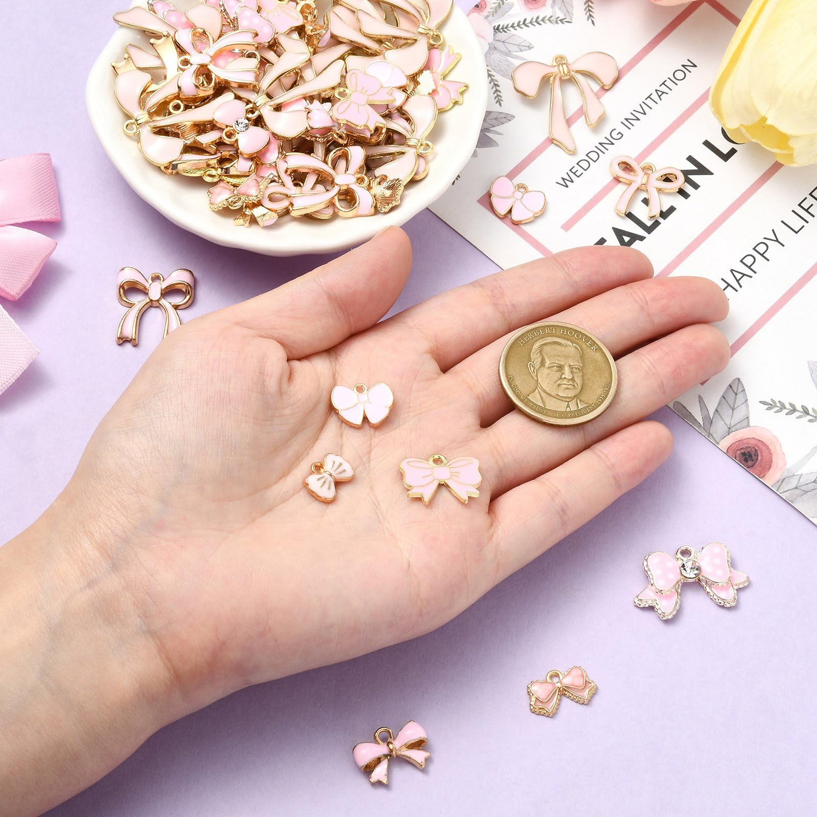 Stiesy 60Pcs 10 Styles Bowknot Charms Enamel Bowknot Charm Pendant Pink Bow Jewellry Charms Tiny Bow Tie Metal Charms Bulk for Bracelet Jewelry Making DIY Crafts Presents Decoration - Image 4