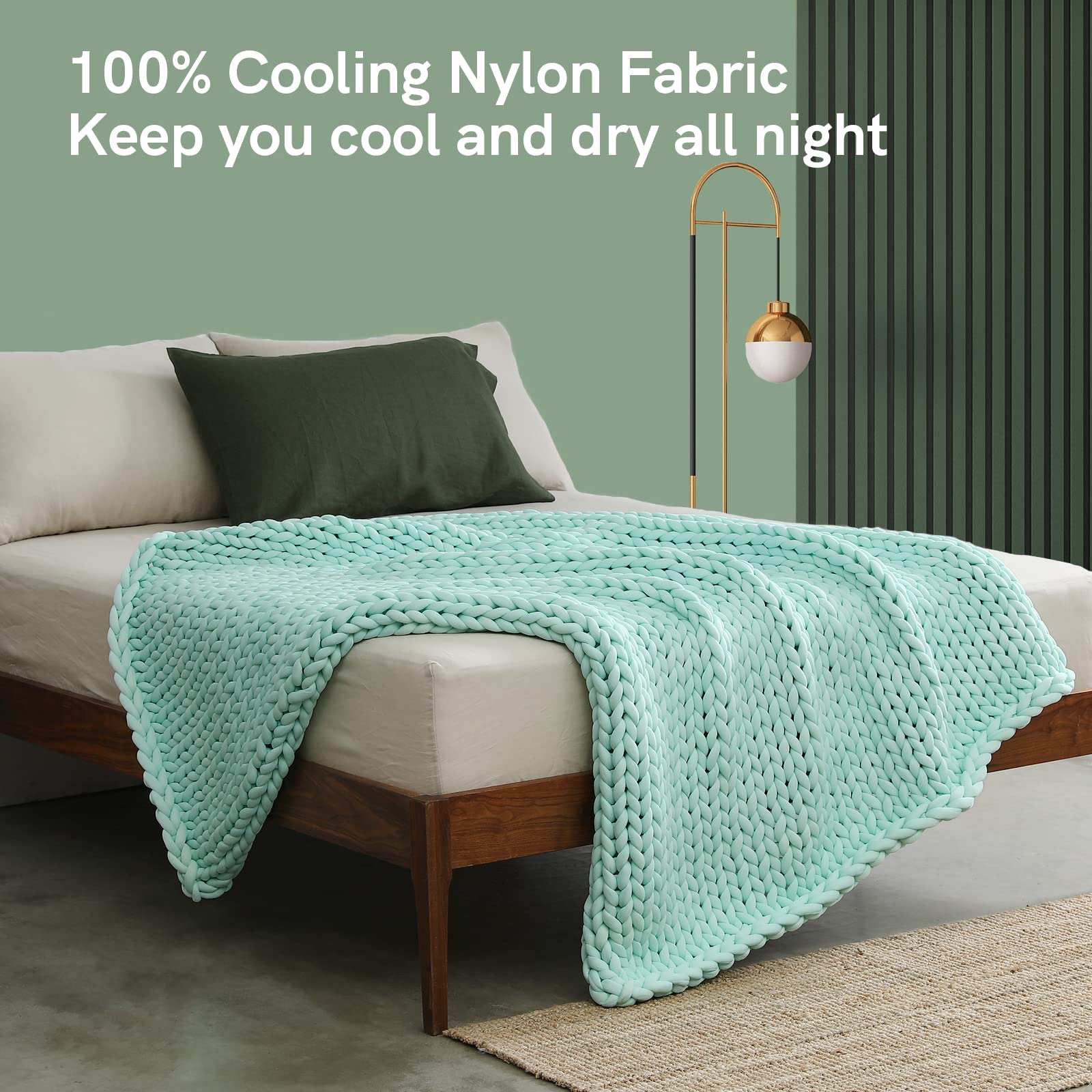 YnM Coperta ponderata rinfrescante realizzata a mano, design lavorato a maglia, termoregolante e traspirante, lavabile in lavatrice, per dormire o decorare la casa (verde menthe, 152 x 203 cm, 9,1 kg)