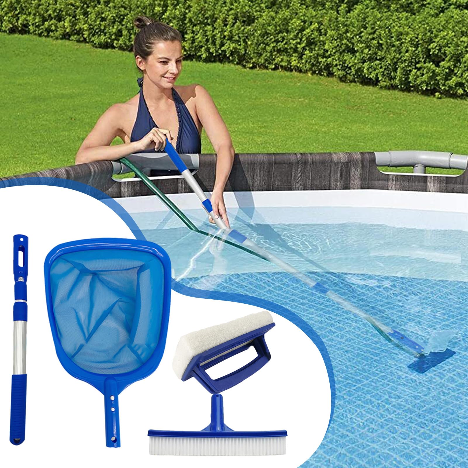4 Kit De Nettoyage De Piscine, Filet De NettoyageDe Piscine avec Poteau Réglable, Épuisette DePiscine, Brosse De Nettoyage DePiscine, Accessoires pour Nettoyer Les bassins de Jardin