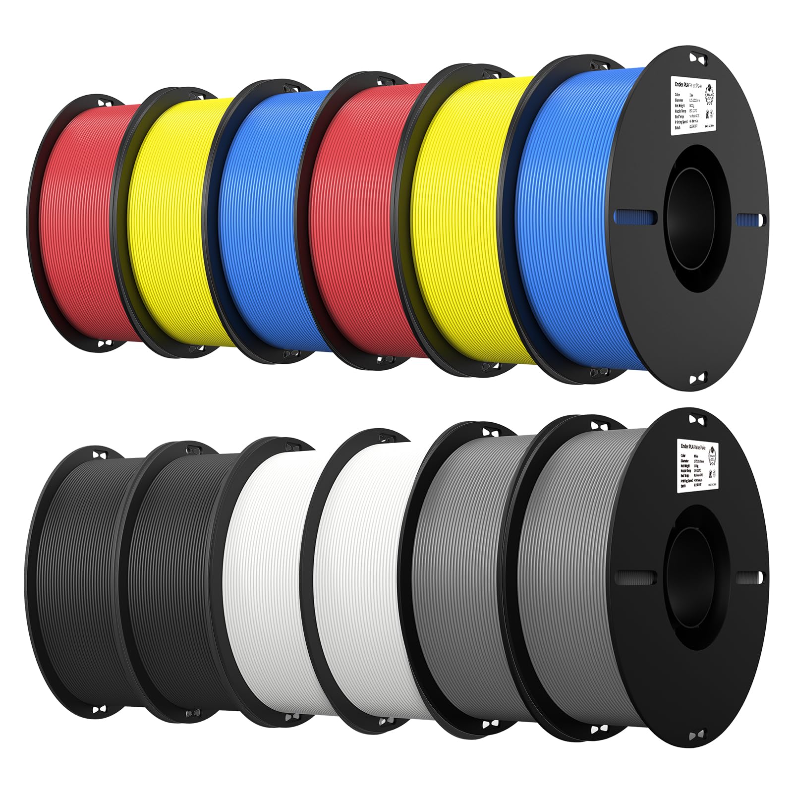 creality 12 pack pla 1.75mm filament bundle for 3d printing with no-tangling strong bonding and overhang performance, accuracy +/- 0.02mm (black,white,grey,blue,red,yellow)