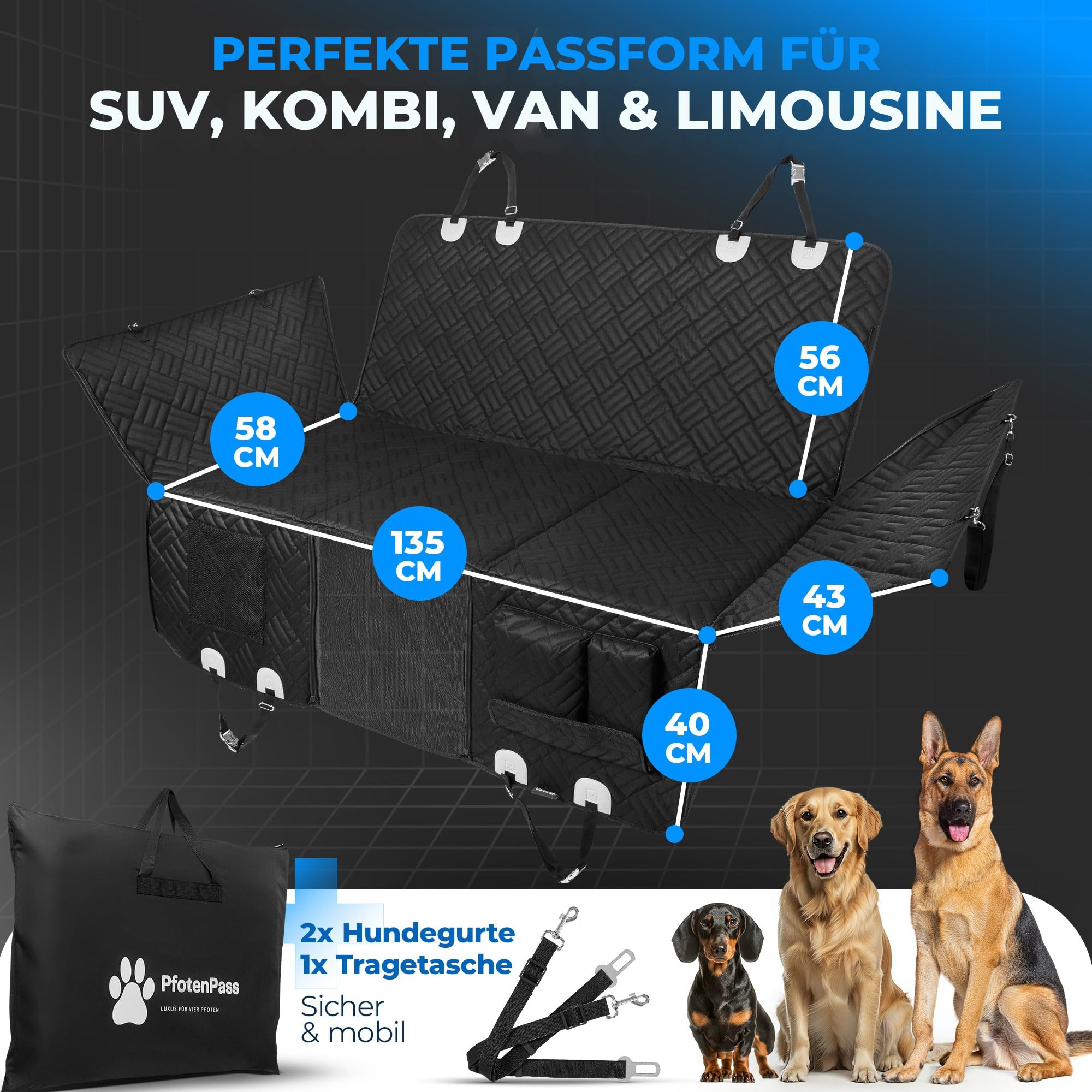Coperta per cani per auto, sedile posteriore fisso, impermeabile e antigraffio, con fondo rigido, antiscivolo, con borsa per il trasporto + cinghie, sedile posteriore, protezione, coperta