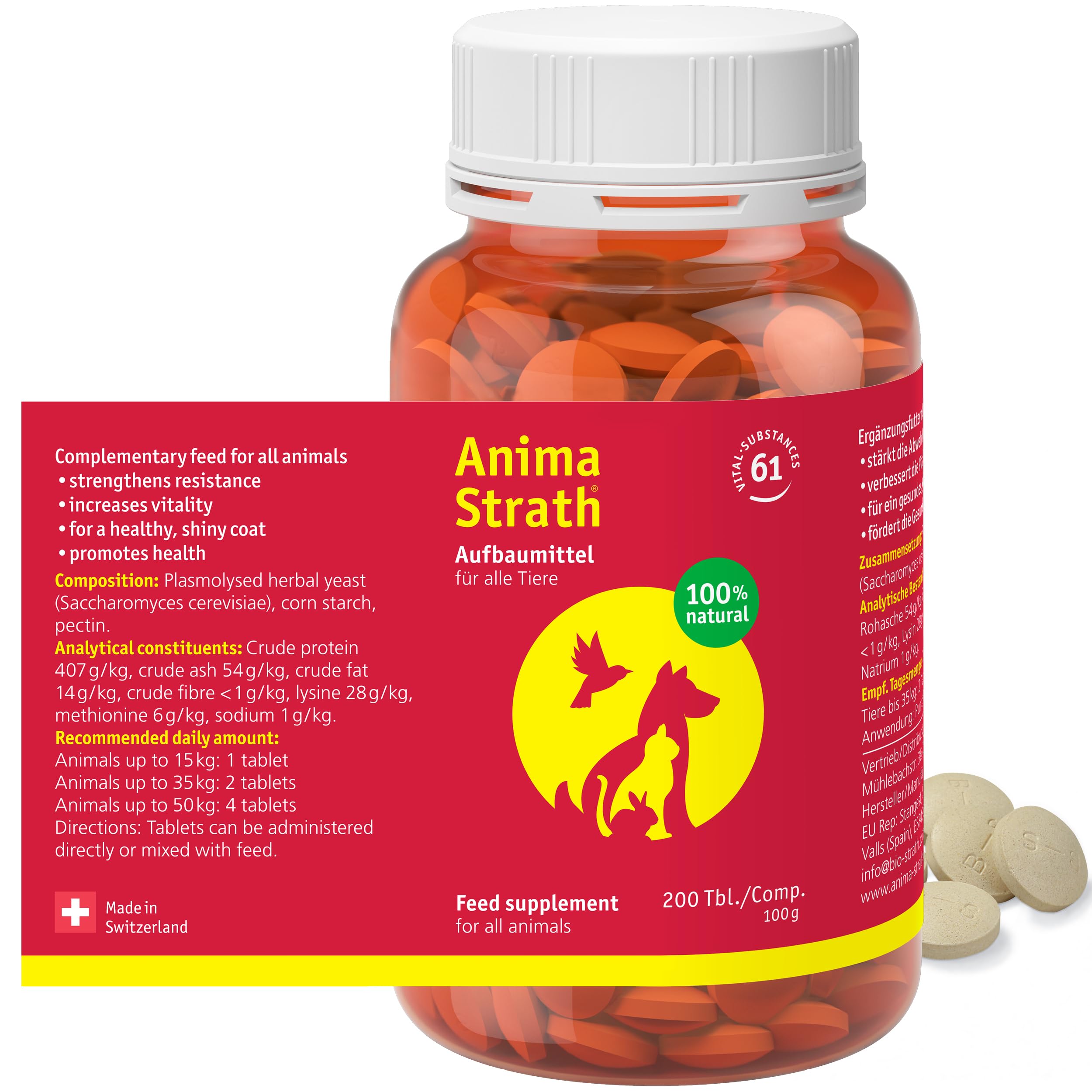 Anima Strath Nutritional Tablet Supplement for Pet Dogs - 61 Nutrients, Vitamins, Minerals, Amino Acids, Natural Immune System Canine Supplement for Digestion, Fur Coat & Skin (200 tablets)