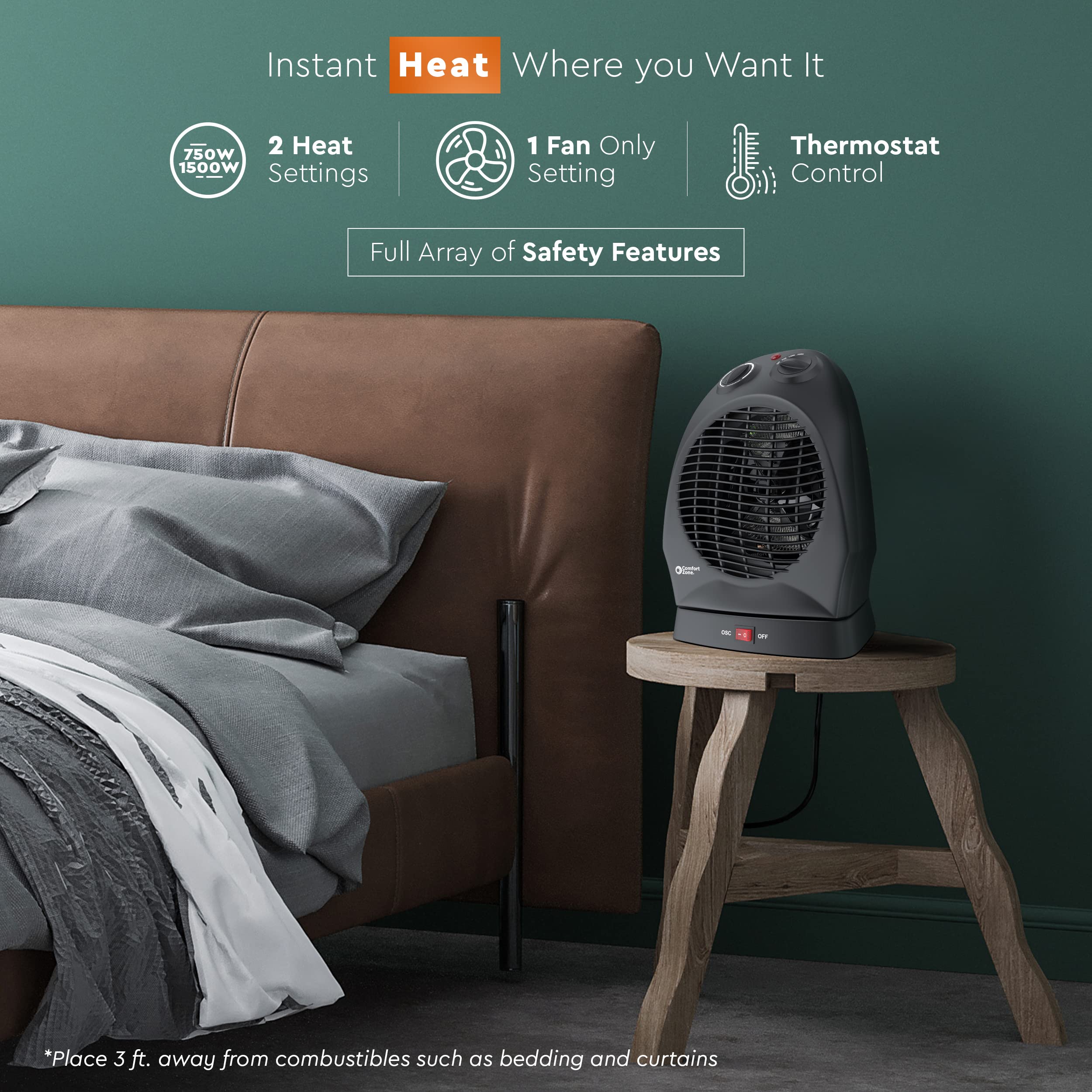 Amazon.com: Comfort Zone CZ50BK 750/1500-Watt Fan-Forced Oscillating  Electric Portable Heater with Adjustable Thermostat, Built-in Overheat  Sensor, Safety Tip-Over Switch, and Heat Resistant Housing, Black :  Everything Else