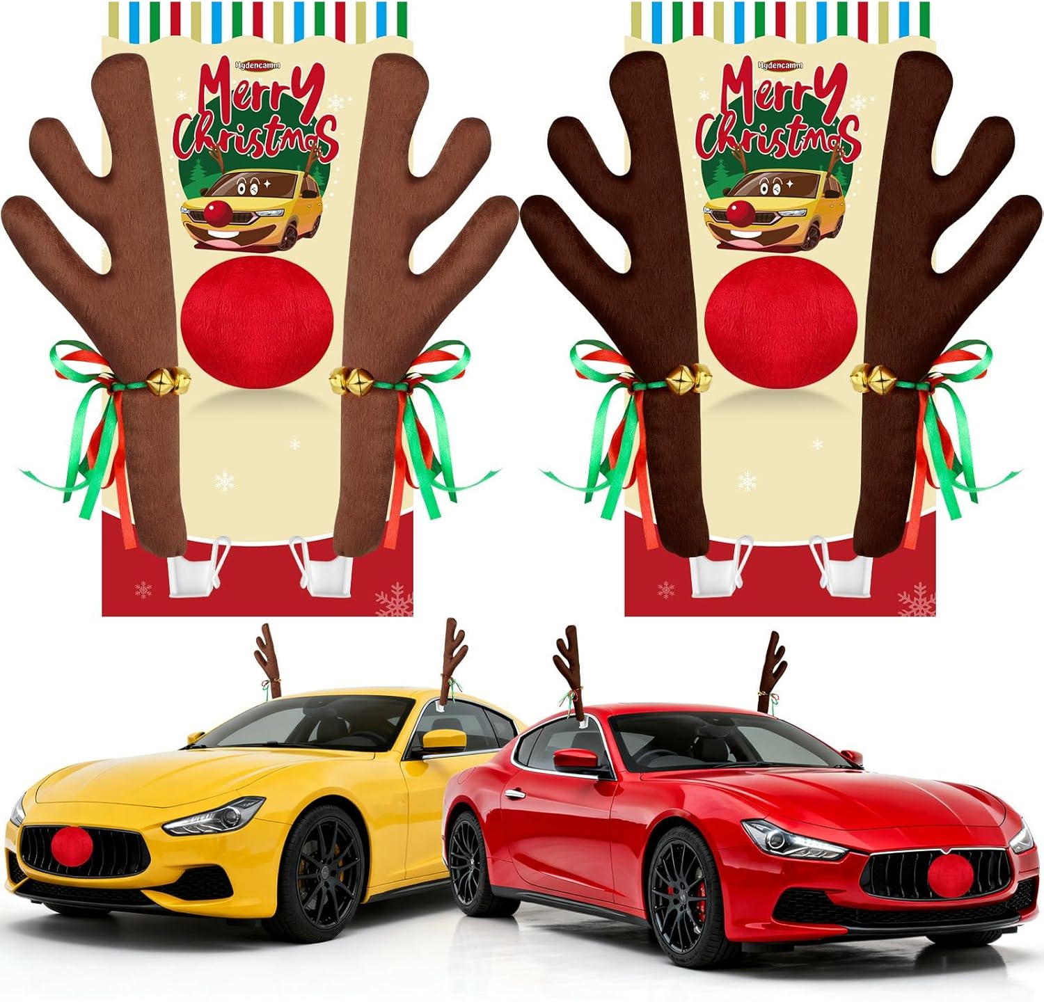 2 Pack Red Nose for Car, Reindeer for Car Window Roof-Top & Front Grille, Car Antler & Nose Christmas Decorations for Car Jingle Bell Compatible with Car, SUV, Jeep, Truck