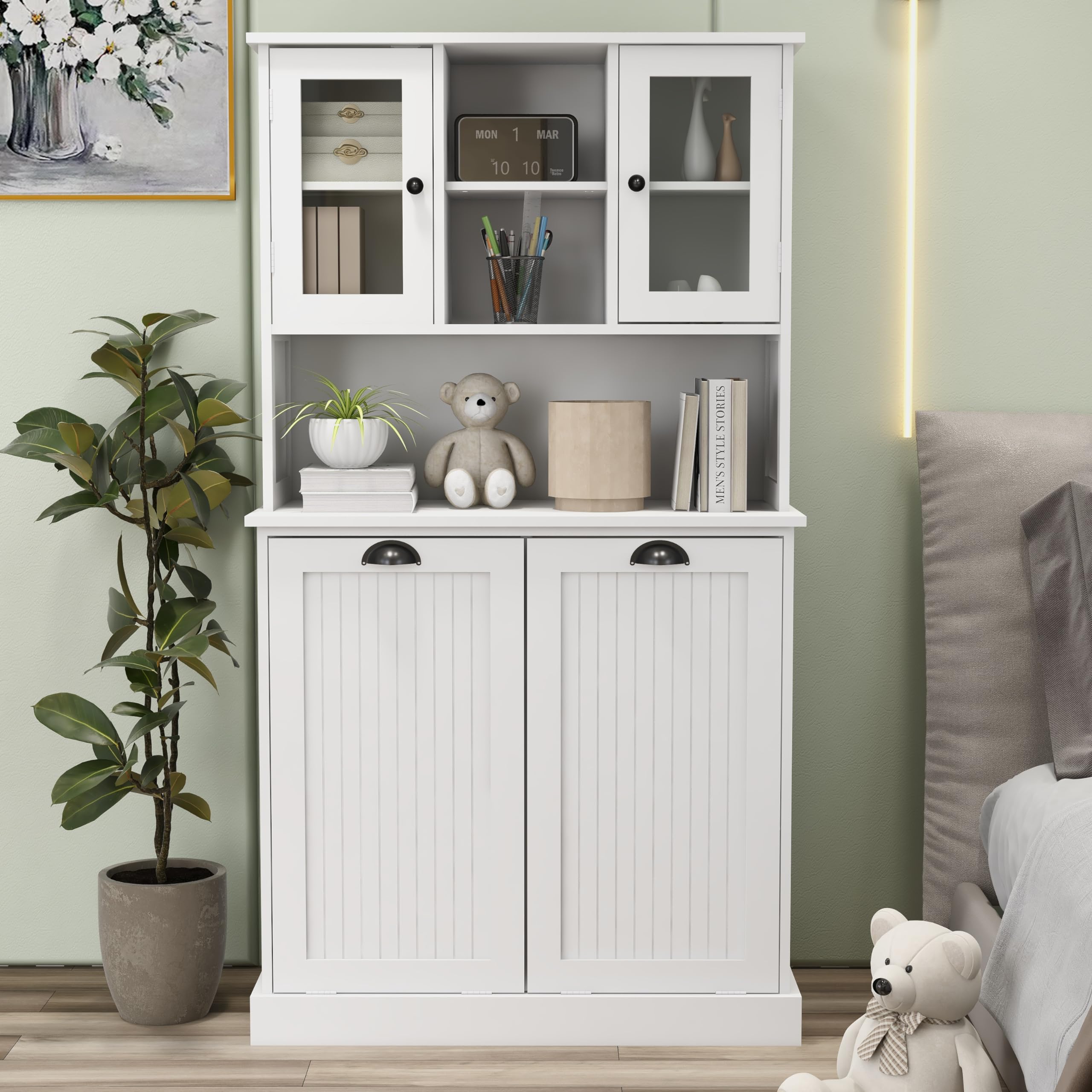RASOO Tilt-Out Laundry Cabinet White Tall Bathroom Storage Cabinet Laundry Hamper with 2 Baskets and 3 Cabinets Upper Glass Doors Storage Cabinet