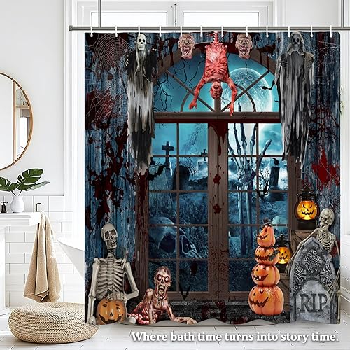 Miniatura 7 de Renaiss Cortina de ducha de Halloween de 72 x 72 pulgadas para decoración de Halloween, divertido esqueleto para el hogar, espeluznante calabaza,