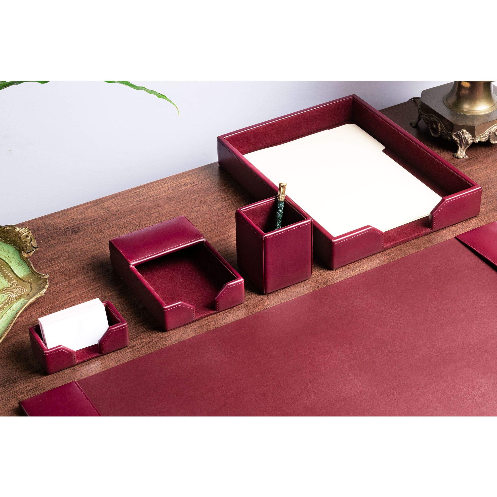 DACASSO Set da scrivania in pelle rigenerata, con sottomano e base in pelle di lusso (bordeaux, 5 pezzi)