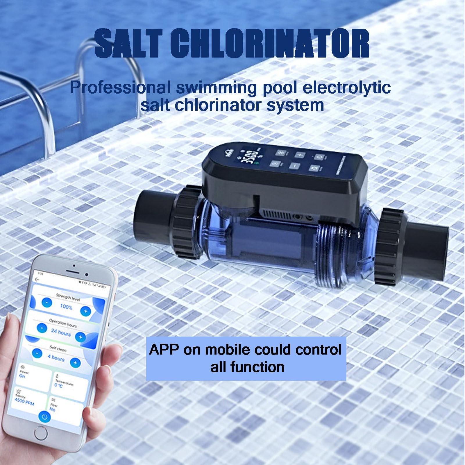 Système d'Électrolyse Au Sel pour Piscines, Générateur De Chlore Au Sel De Grande Capacité, Électrolyseur Au Sel avec Panneau Numérique Intelligent,withAPPcontrol-50g/h(40K~60K)