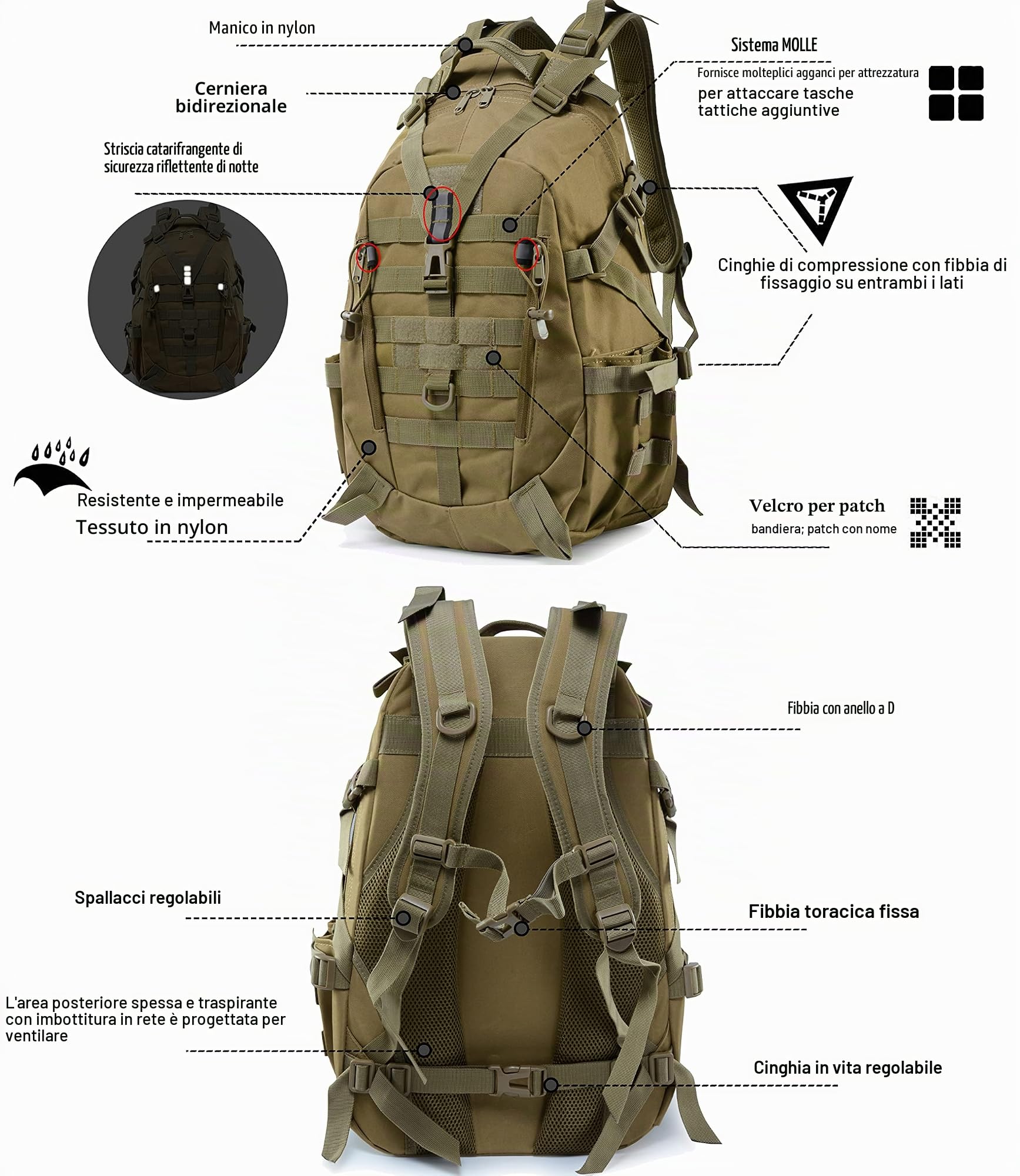 Long Keeper Zaino Tattico Militare - Impermeabile Zaino Trekking Grande 35 Litri per Uomo Donna Borsa Militare da Viaggio Escursionismo Alpinismo Crossfit Pesca All'aperto