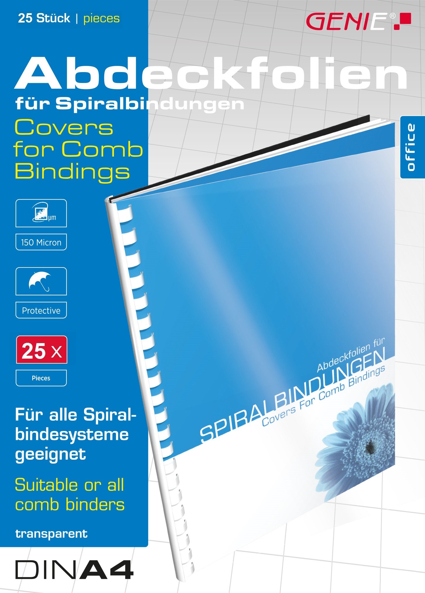 Genie 12385 Cover Sheets DIN A4 Transparent 150 Micron Suitable for All Binding Devices Pack of 25