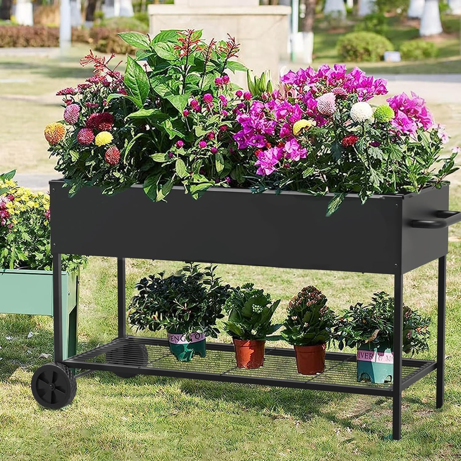 51 × 26 × 31.5 Inches Raised Garden Bed with Legs/Storage Shelf, Mobile Planter Box for Outdoor Plants, Elevated Garden Bed for Backyard, Balcony, Black
