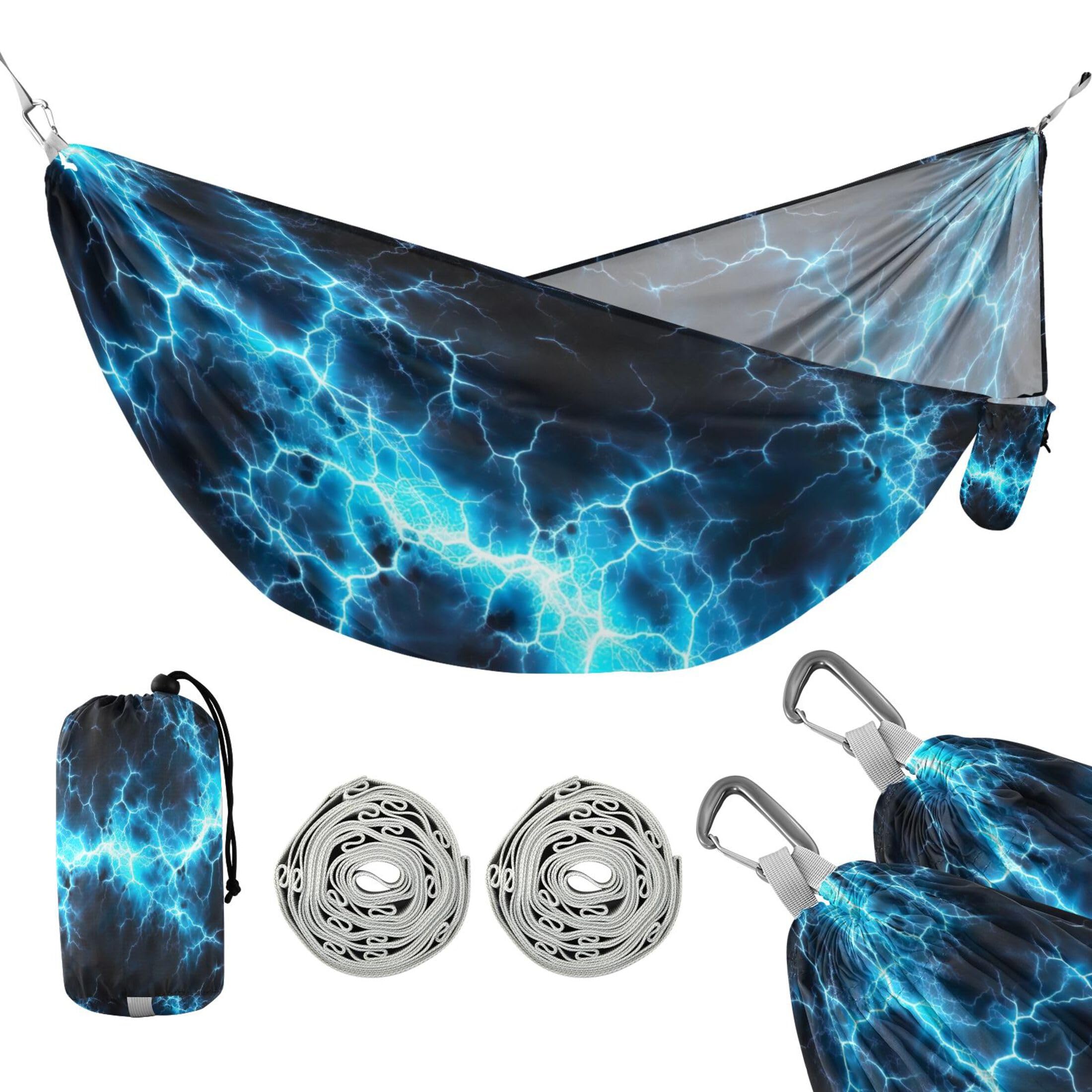 Takiito Blue Lightning Hammock 330 lb Capacity Travel Camping Hammock with Tree Straps, Portable Lightweight for Outdoor Beach Backpacking Backyard Patio