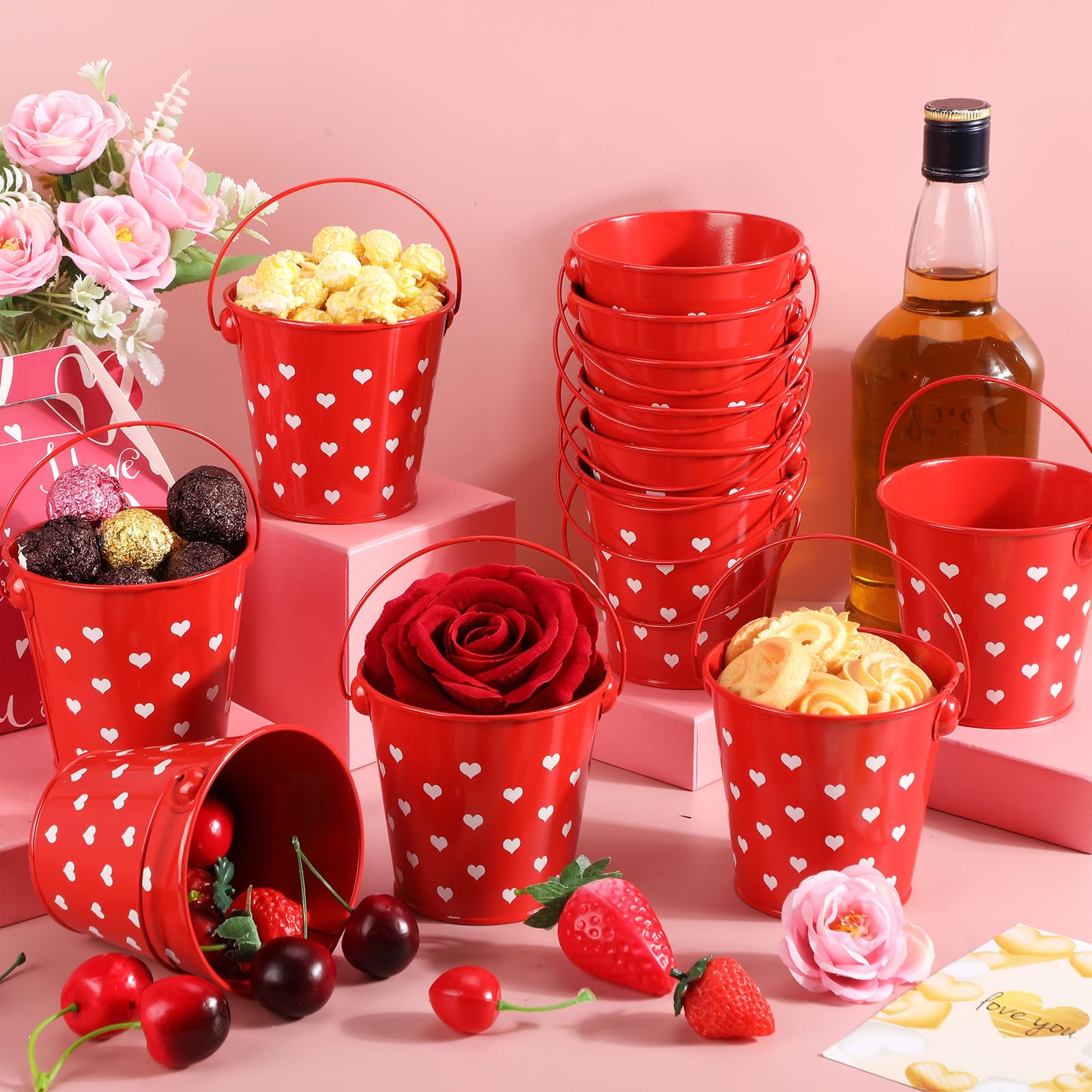 Cubos pequeños de regalo para el día de San Valentín con asa, 4 cubos de arena de metal rojo para fiesta de San Valentín, dulces, chocolate, regalo para fiesta del día de San Valentín (6 4