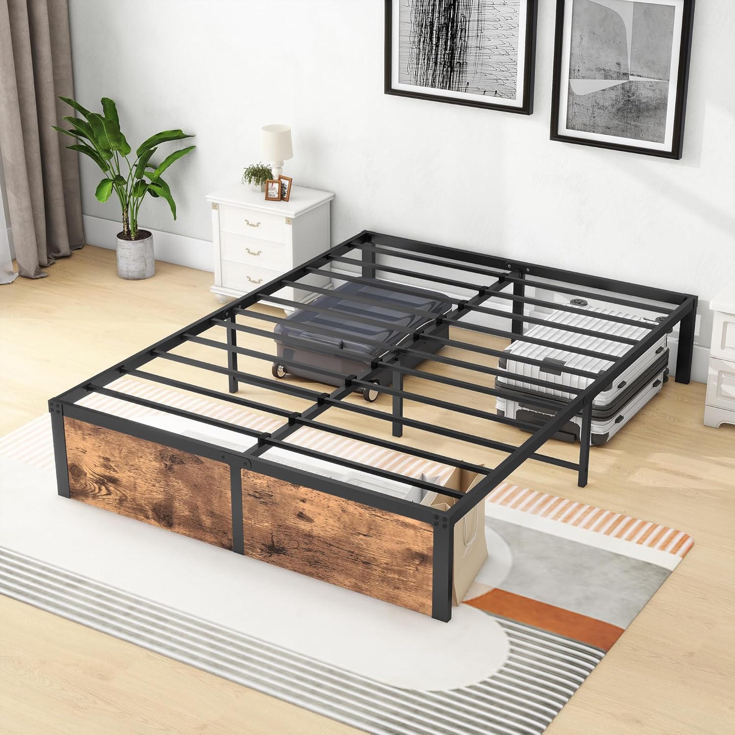 DUMEE Metal Queen Bed Frame with Wood Footboard, 14 Inch