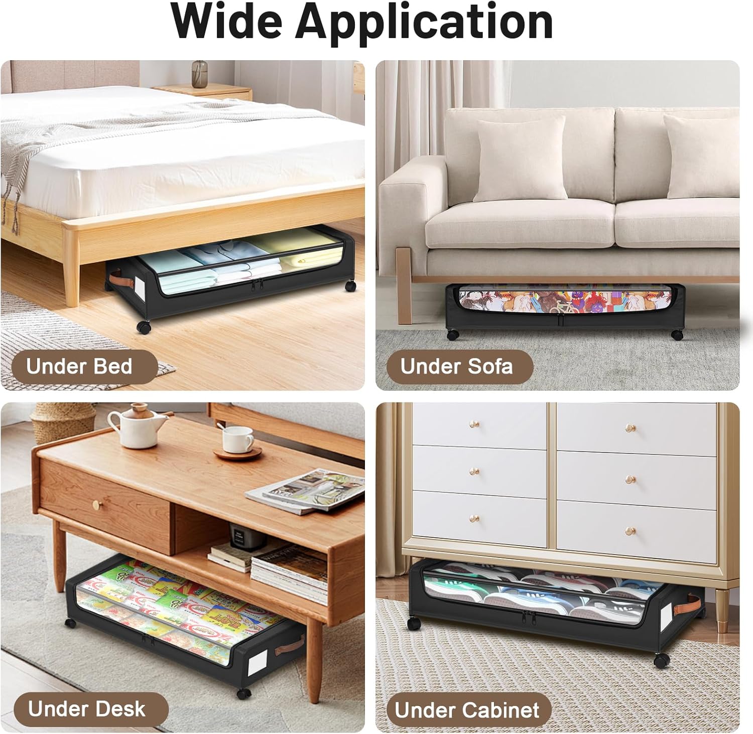 4Pcs Under Bed Storage with Wheels, Under Bed Storage Containers Box Bins, Rolling Drawers for Clothes Blankets Shoes Toys, Clothes Organizers and Storage, Easy to Pull out with PU Handles, Black