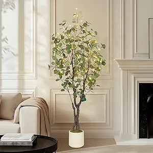 GarveeHome Artificial Eucalyptus Tree Indoor, 5ft Tall Fake Artificial Plant with White Planter,Large Faux Floor Plant Fake Silk Trees with 50 Lights Artificial Trees for Home Decor Indoor