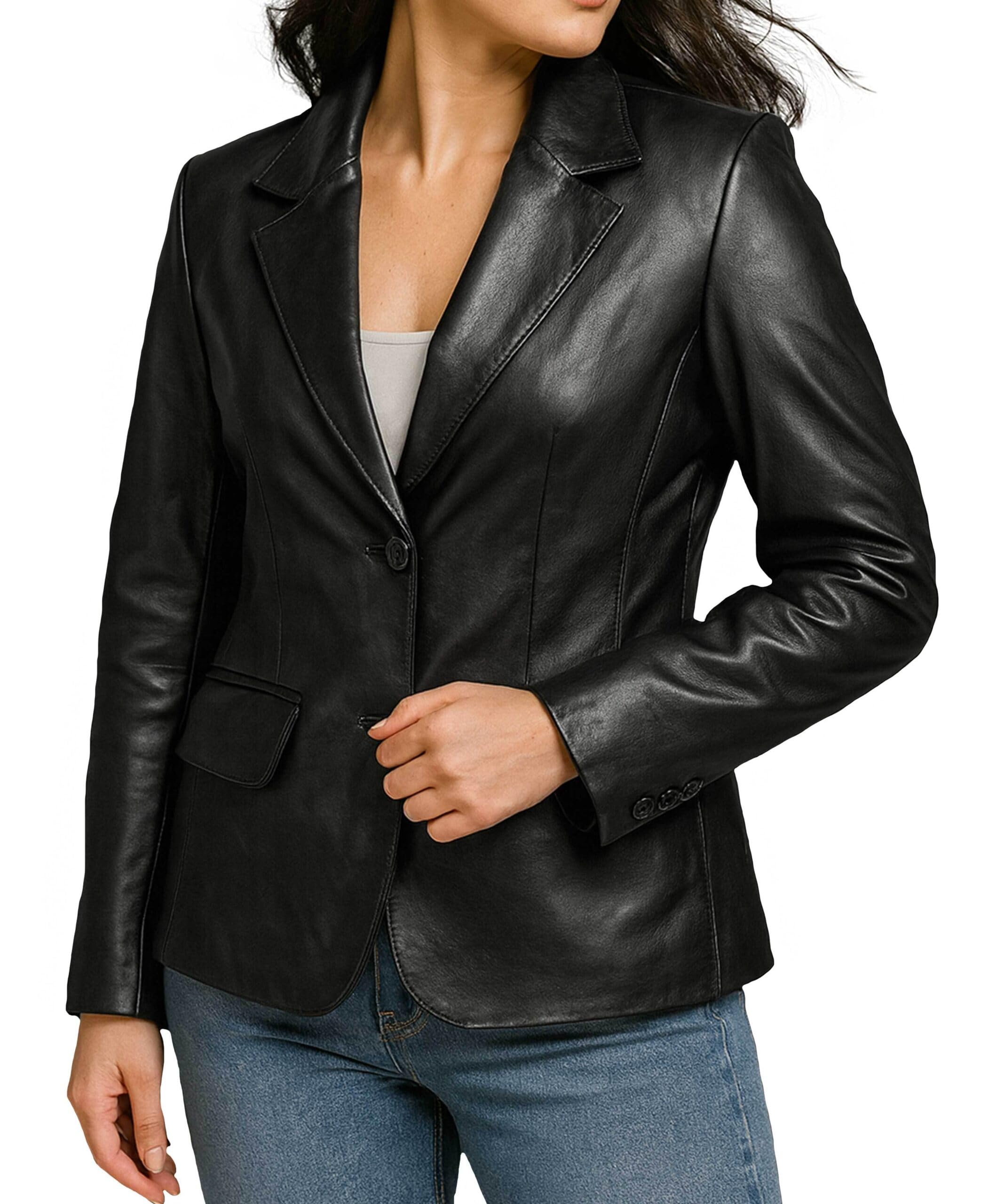 Lambskin Leather Blazer Women - Classic 2-Button Coat Style Leather Jacket Women Casual Outing Fashion
