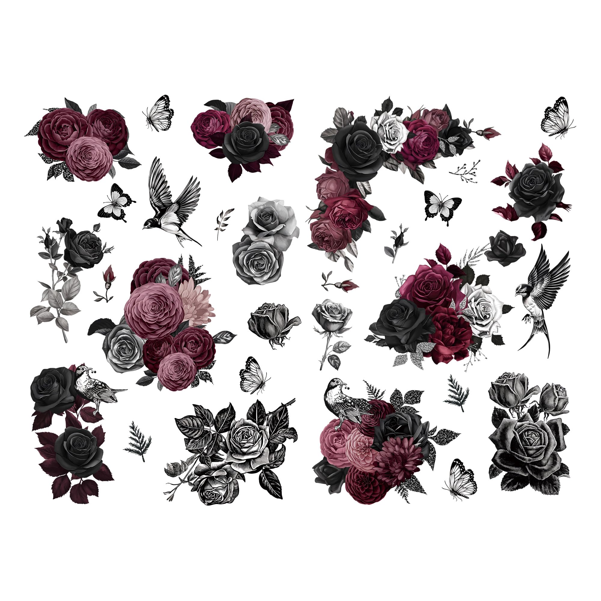 Autocollants Transfert Fleurs Aquarelle - 2 Feuilles 43x30 Cm - Pour Bois, Verre, Métal, Porcelaine - Style Gothique Rose Funeste - Déco Meubles DIY - 4