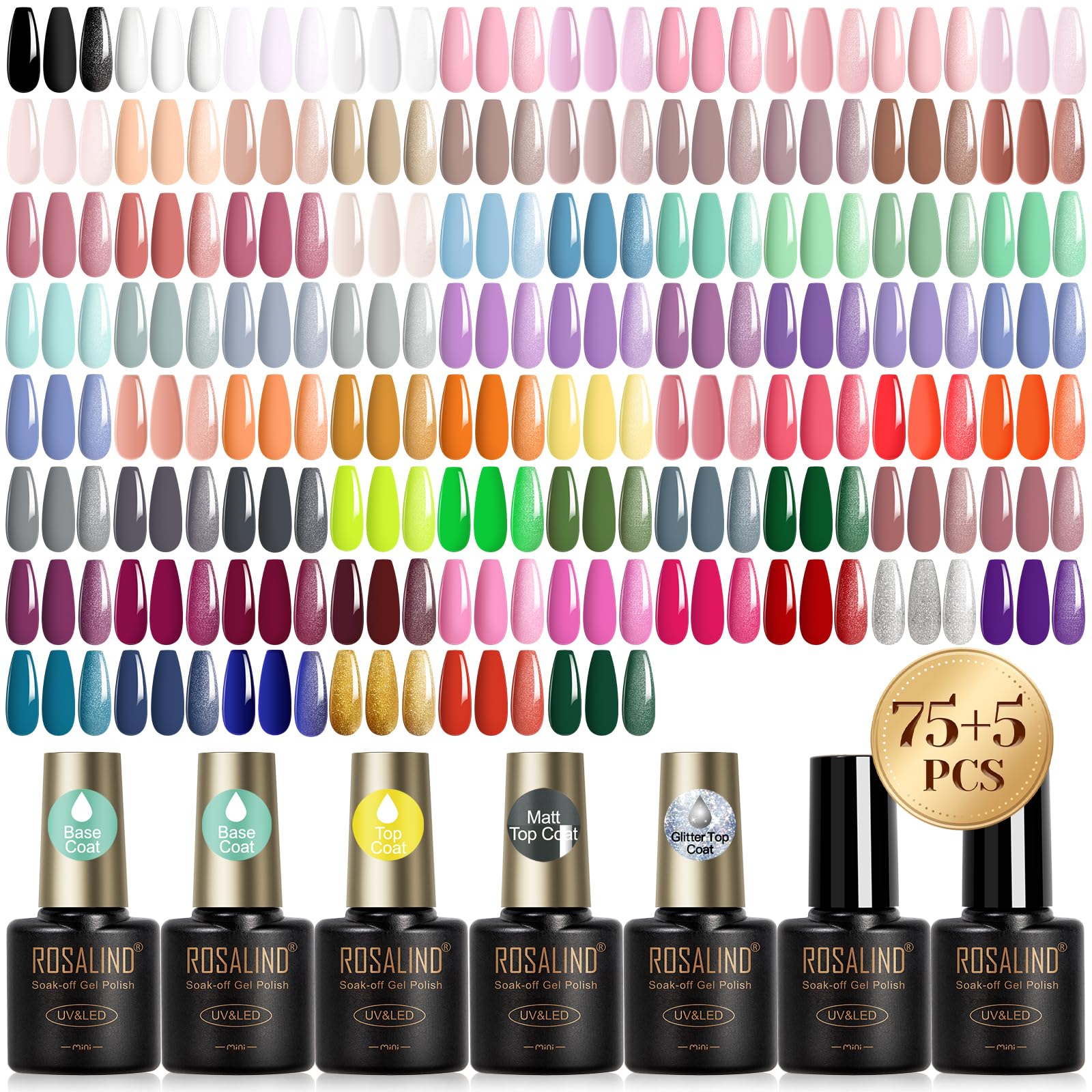 ROSALIND Smalto Semipermanente Unghie, 80 Pezzi Bianco Rosso Blu Verde Viola Colori Smalti Semipermanenti per Unghie Rosa Grigio Oro, UV/LED Mini Smalto Gel Unghie Manicure Regalo