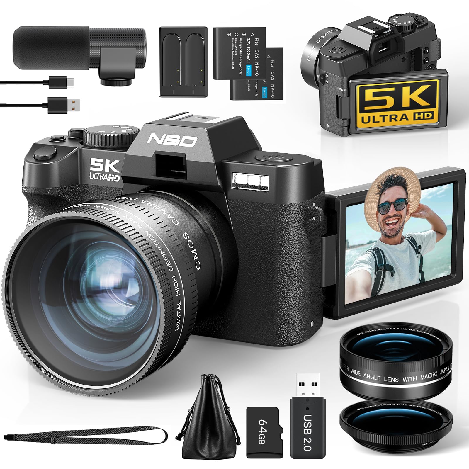 NBD 5K Digitalkamera 64MP mit Autofokus & 16X Zoom, 3" 180° klappbarem Display, WiFi – Inkl. Weitwinkel/Makro-Linse + Mikrofon + 64GB Karte + 2 Akkus (Schwarz)