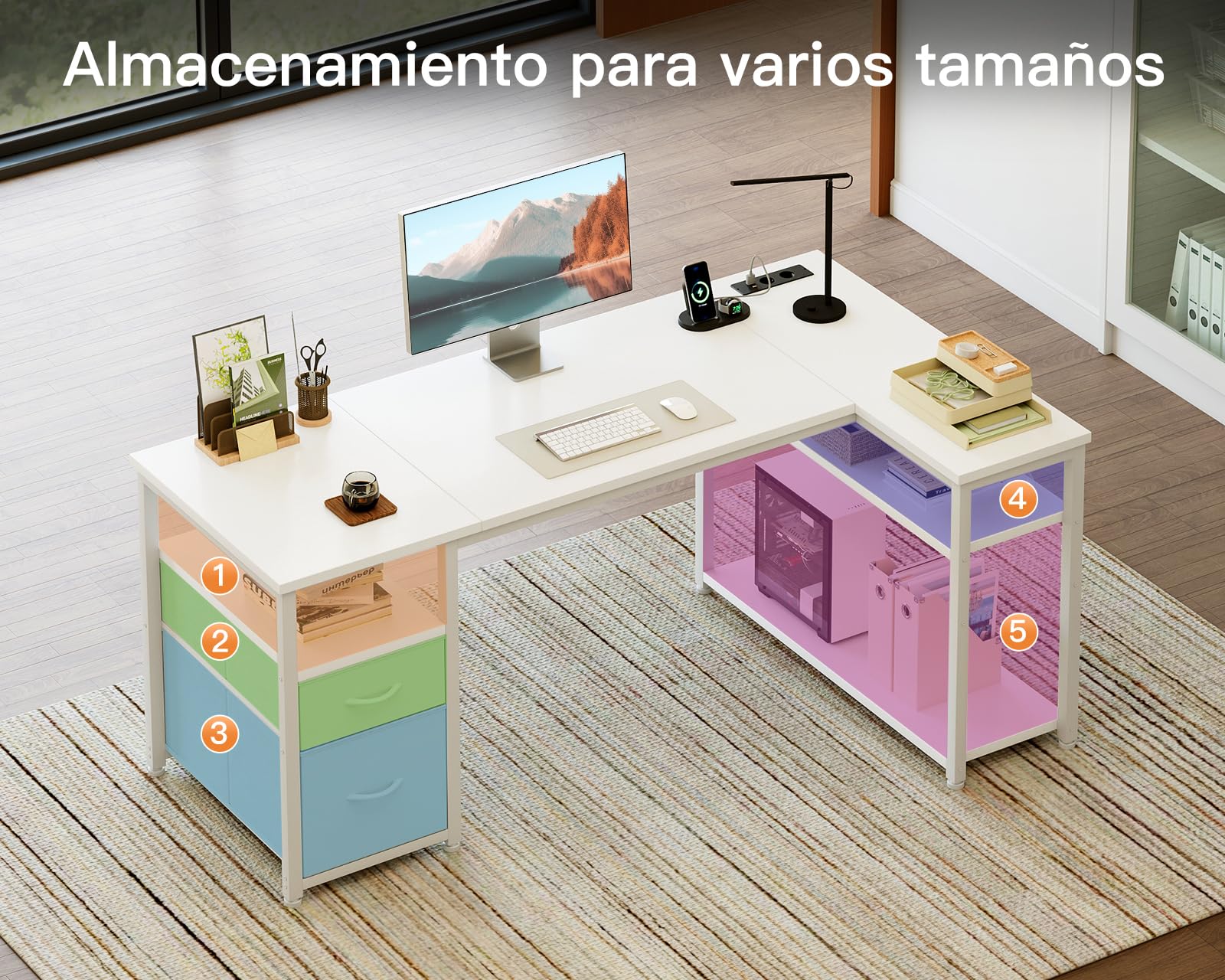 Coleshome Escritorio Esquinero con Cajones de Tela, 140x80cm Escritorio en L con Estantería Reversible, Mesa en L con Enchufes y Puertos USB para Oficina Trabajo en Casa y Juegos, Blanco