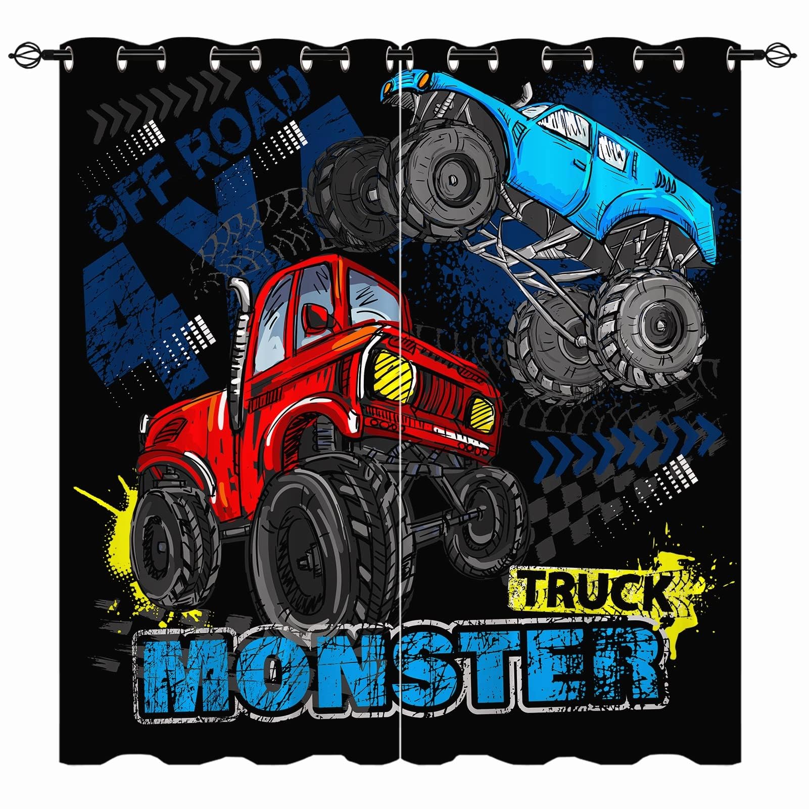 YUANZU Truck Curtains - Kids Boys Blue Red Monster Truck Print Pattern Eyelet Blackout Thermal Insulated & Room Darkening Window Drapes for Nursery Baby Bedroom Playroom 2 Panels W106cm x D160cm — image 1