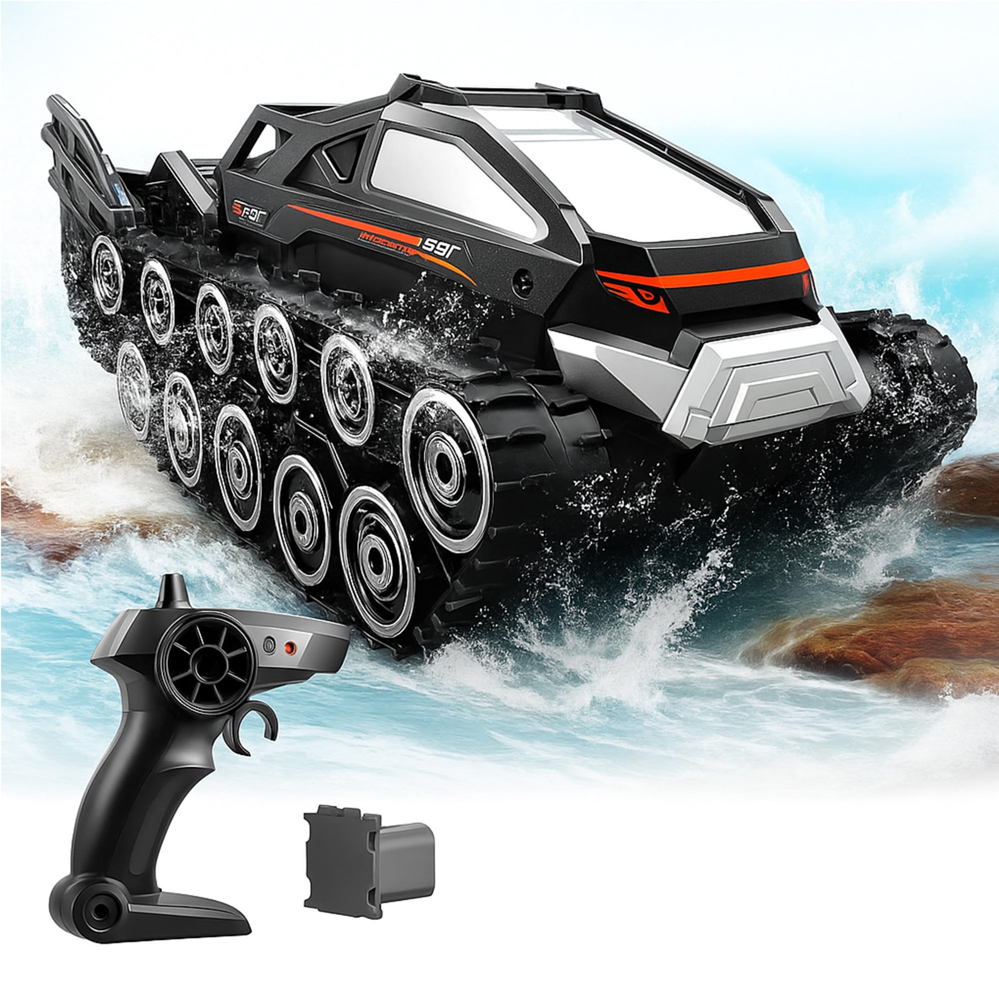 Taizz VentureAmphibious Remote Control Car, Waterproof 4WD RC Monster Truck 2.4Ghz All-Terrain Off-Road Boat Car, 360° Rotating Tank Crawler Toys for Kids Boys Girls Birthday Gift (Black)