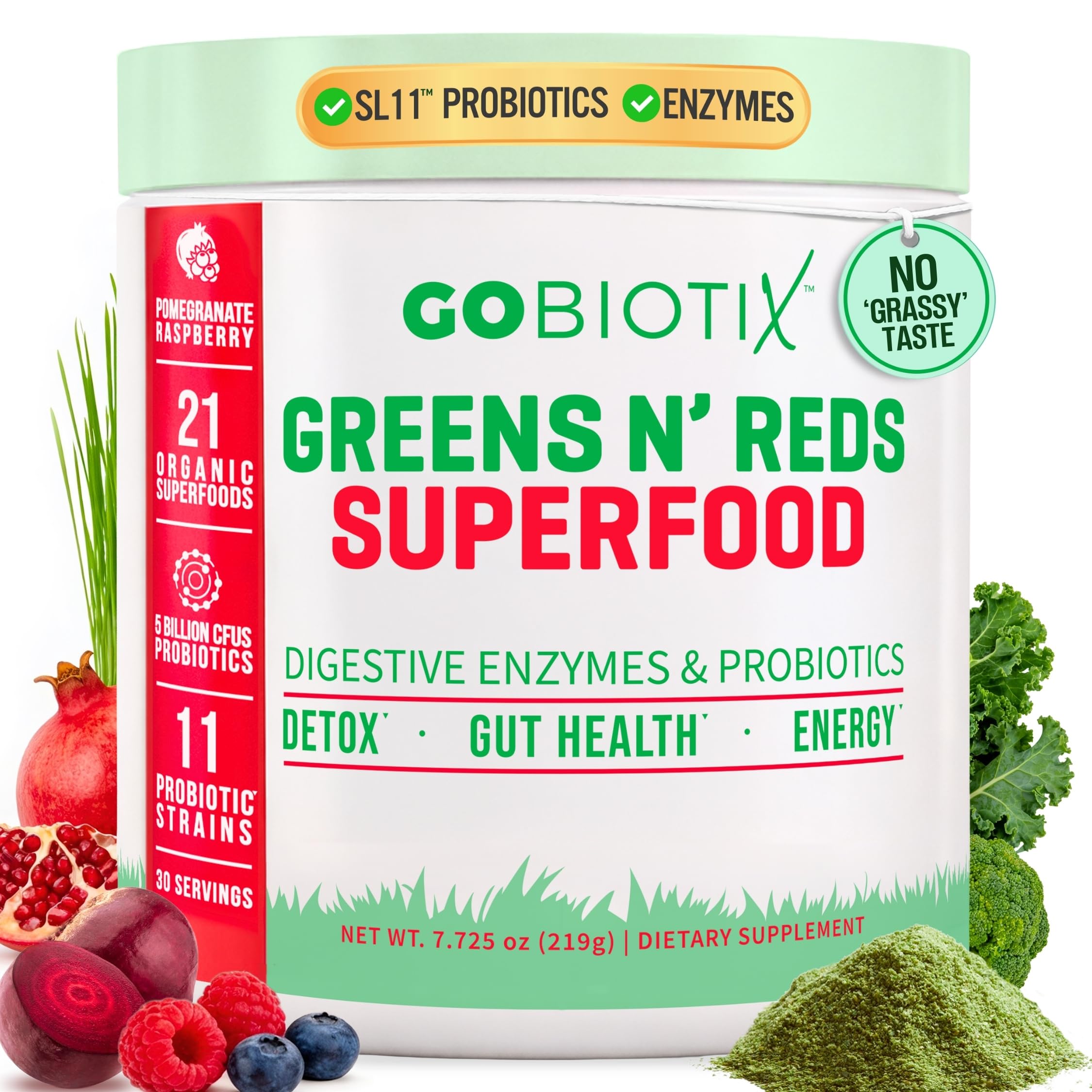 GOBIOTIX Super Greens Powder with Organic Spirulina - Superfood Supplement with Fruit Blend, Probiotics and Enzymes for Digestive Health - Vegan, Non-GMO - 30 Servings (Pomegranate Raspberry - 1 Pack)