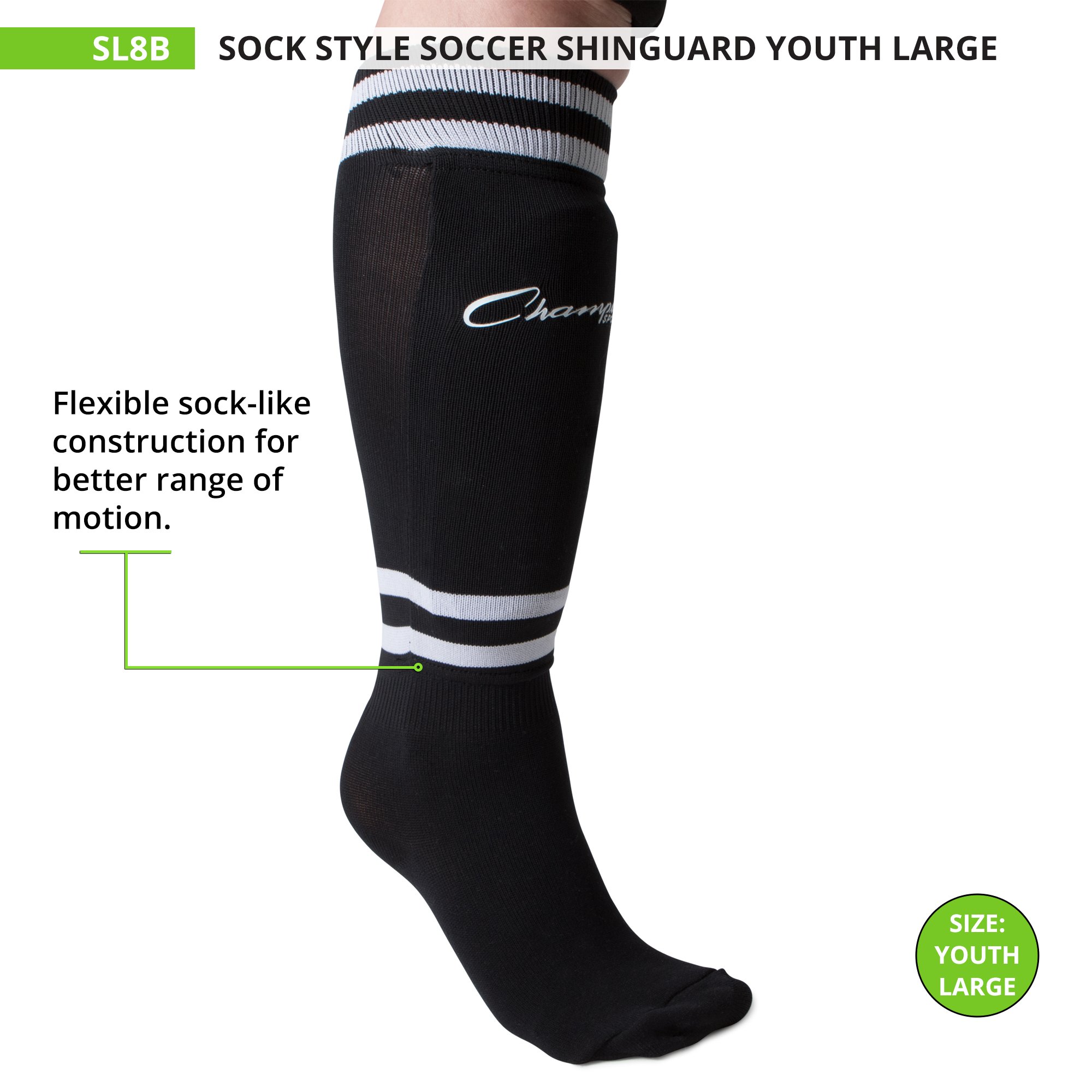 Champion Sports Youth Sock Style Soccer Shinguards – Ages 8 – 10/Large – Nero (Coppia)