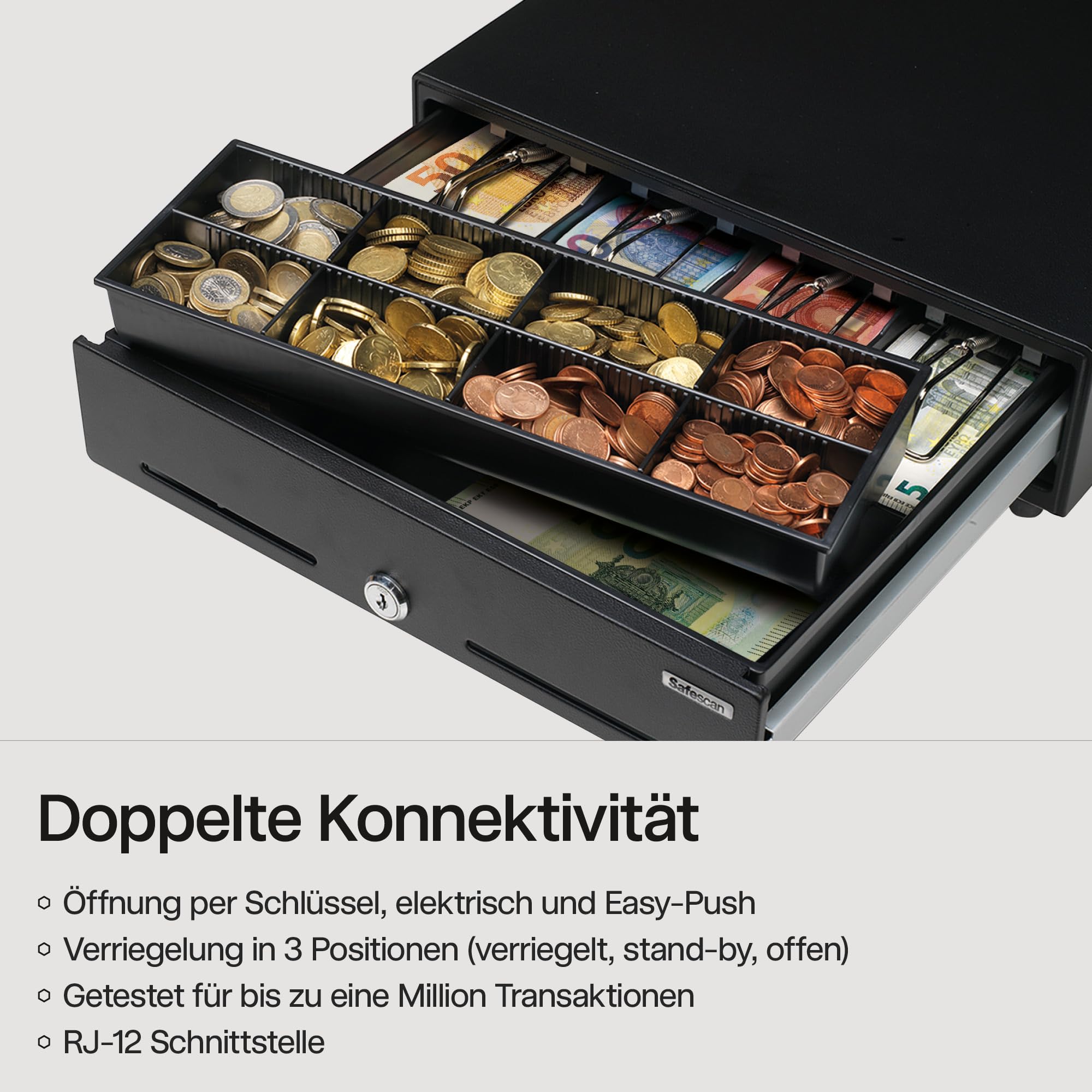 Safescan SD-3540 Standard-Duty Kassenschublade mit 4 Fächern für Banknoten und 8 für Münzen - Kassenlade mit RJ-12 Anschluss (z.B. Registrierkasse) - Solide Kassenschublade von 35 x 40,5 x 10,5 cm | SAFESCAN SD-3540, 8 Münzfächer / 4 Banknotenfächer
