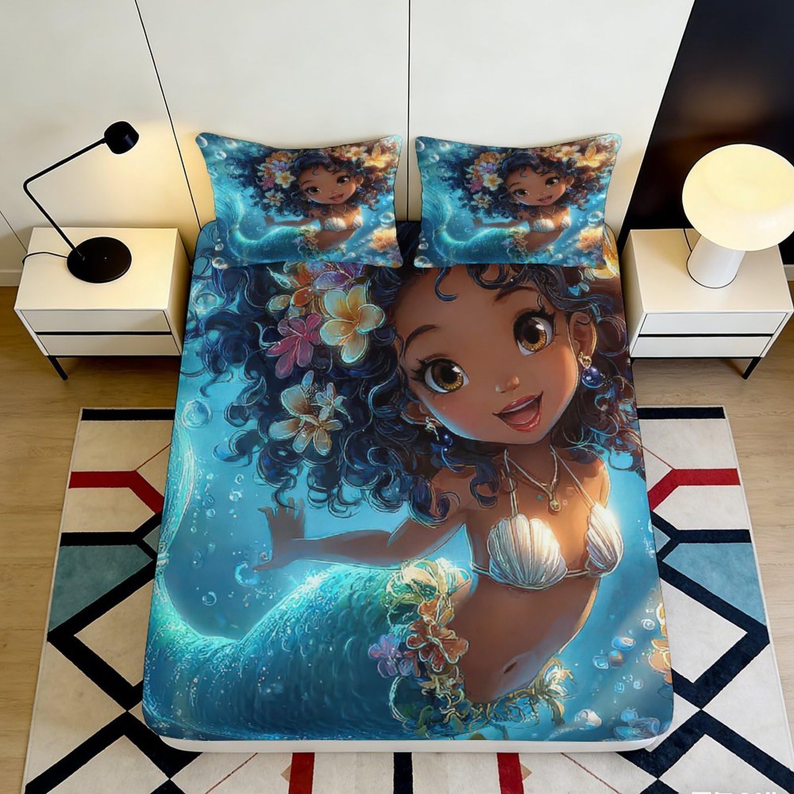 3D Printed Mermaid Fitted Sheet Microfiber Soft Breathable Underwater Floral Bed Cover for Bedroom Dormitory Guest Room Mattress Protection Decor 160x200x25cm