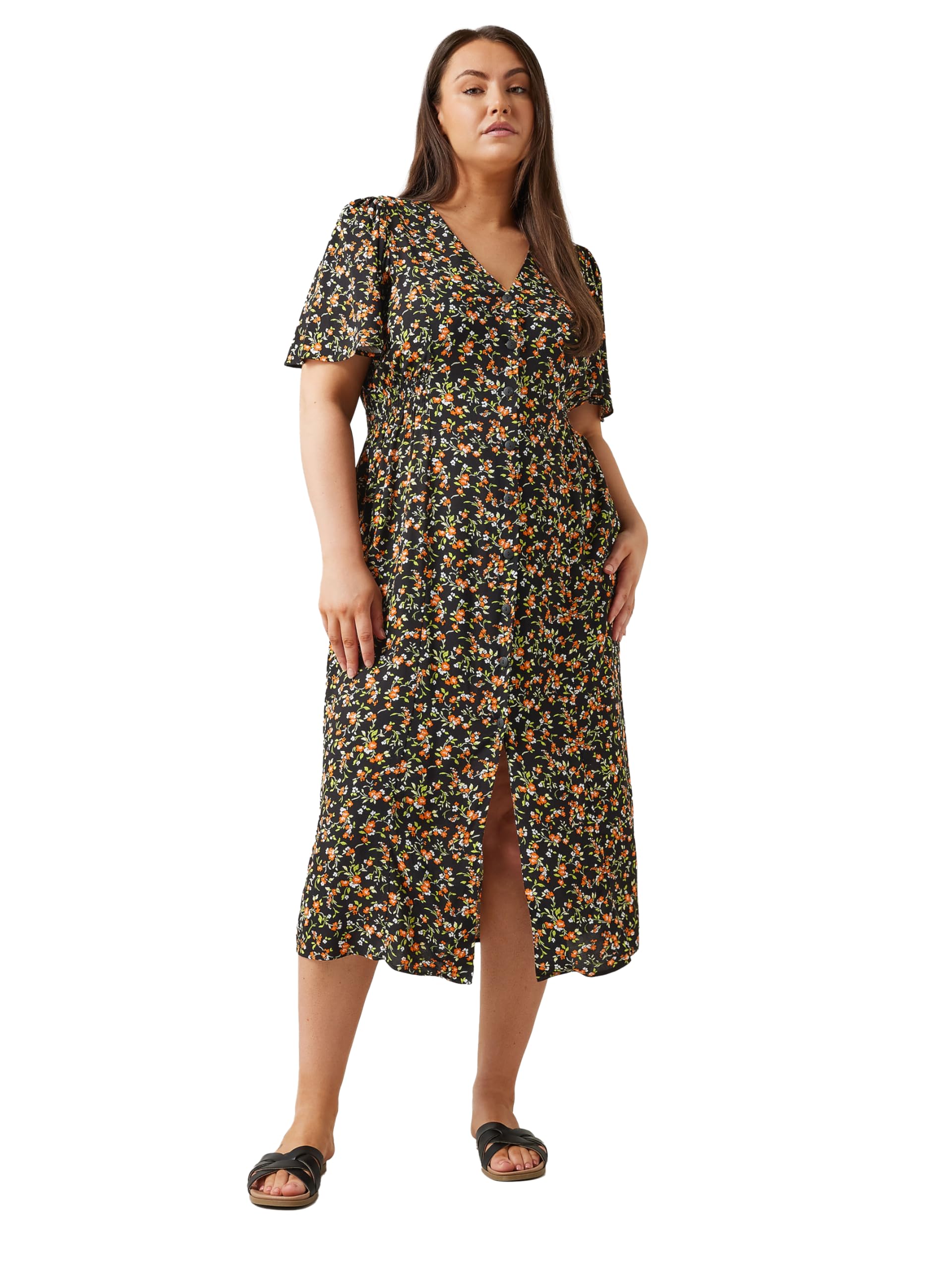 Evans Women's Orange Curve Black & Floral Print Midi Dress - Plus Size Curve