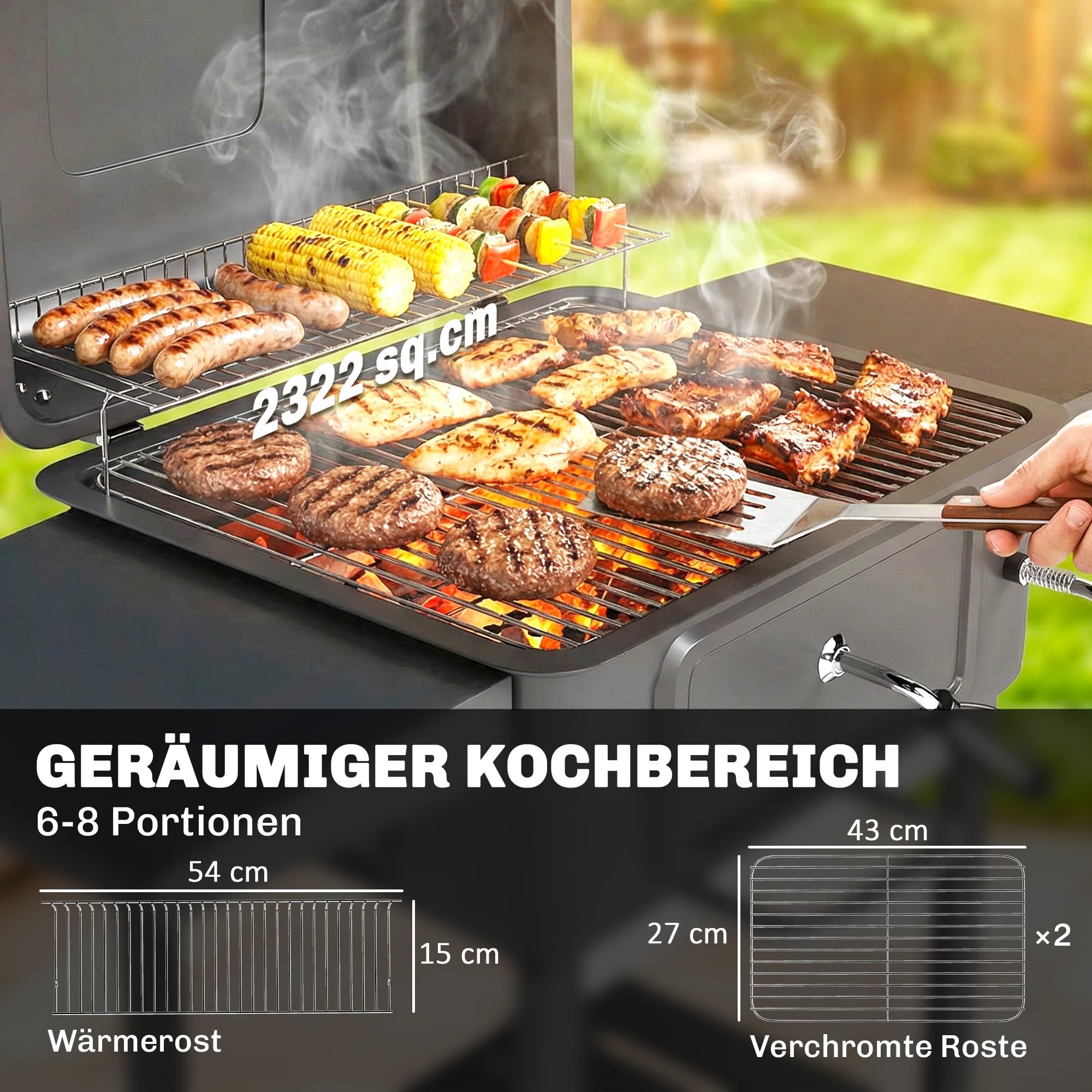 Outsunny Grill węglowy BBQ Smoker z pokrywą, termometrem, regulowaną wysokością węgla, kominem, rusztem, boczną półką i tacką na popiół, grill na kółkach do ogrodu i kempingu