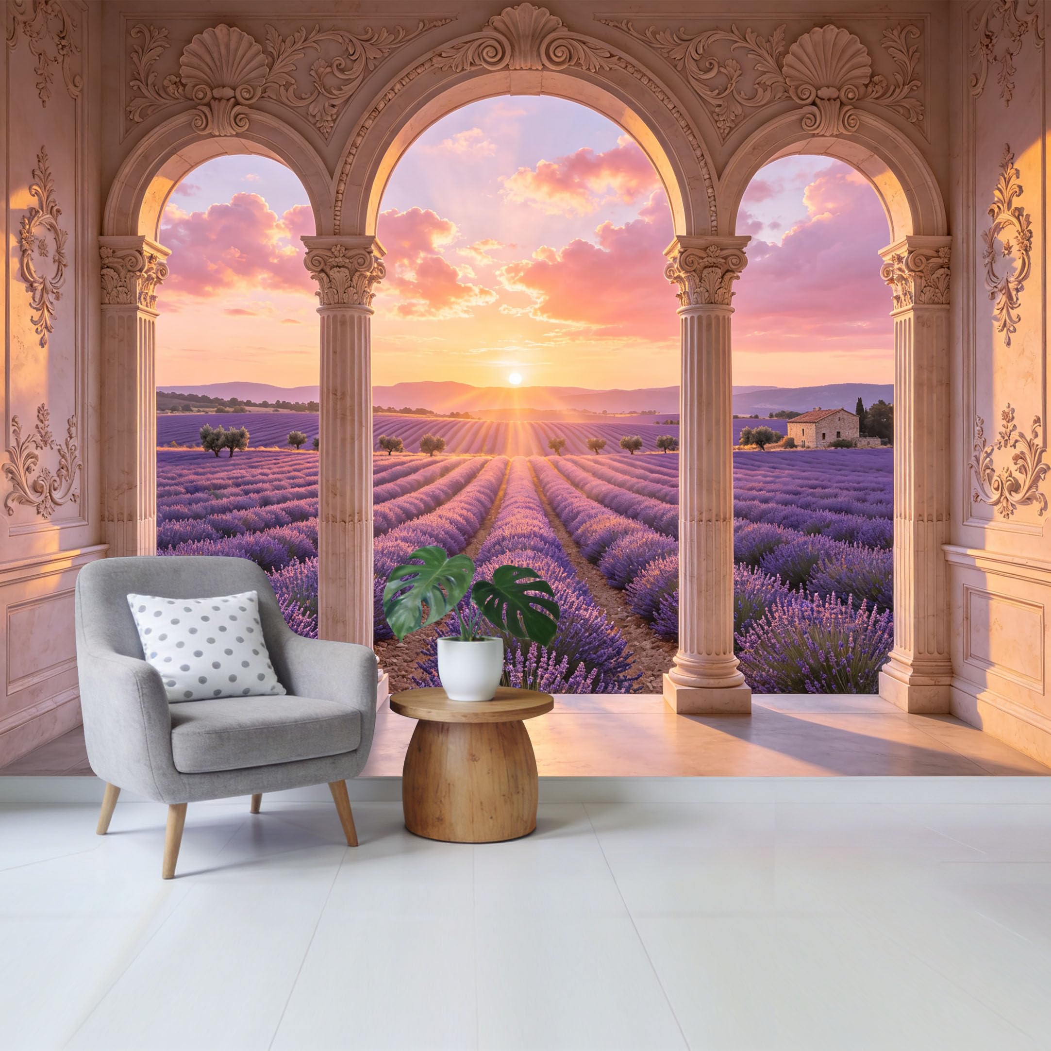 Custom Size Wall Mural Lavender Field Sunset View Through Classical Arch Landscape Removable Self Adhesive Fabric Home Wall Decor for Living Room Bedroom Bathroom